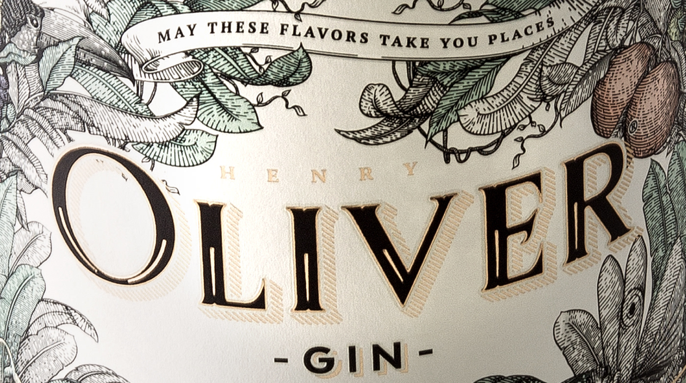 ginebra oliver gin mexico ilustracion grabado etiqueta alcohol botella empaque botanics flavors Mexican lemons Label