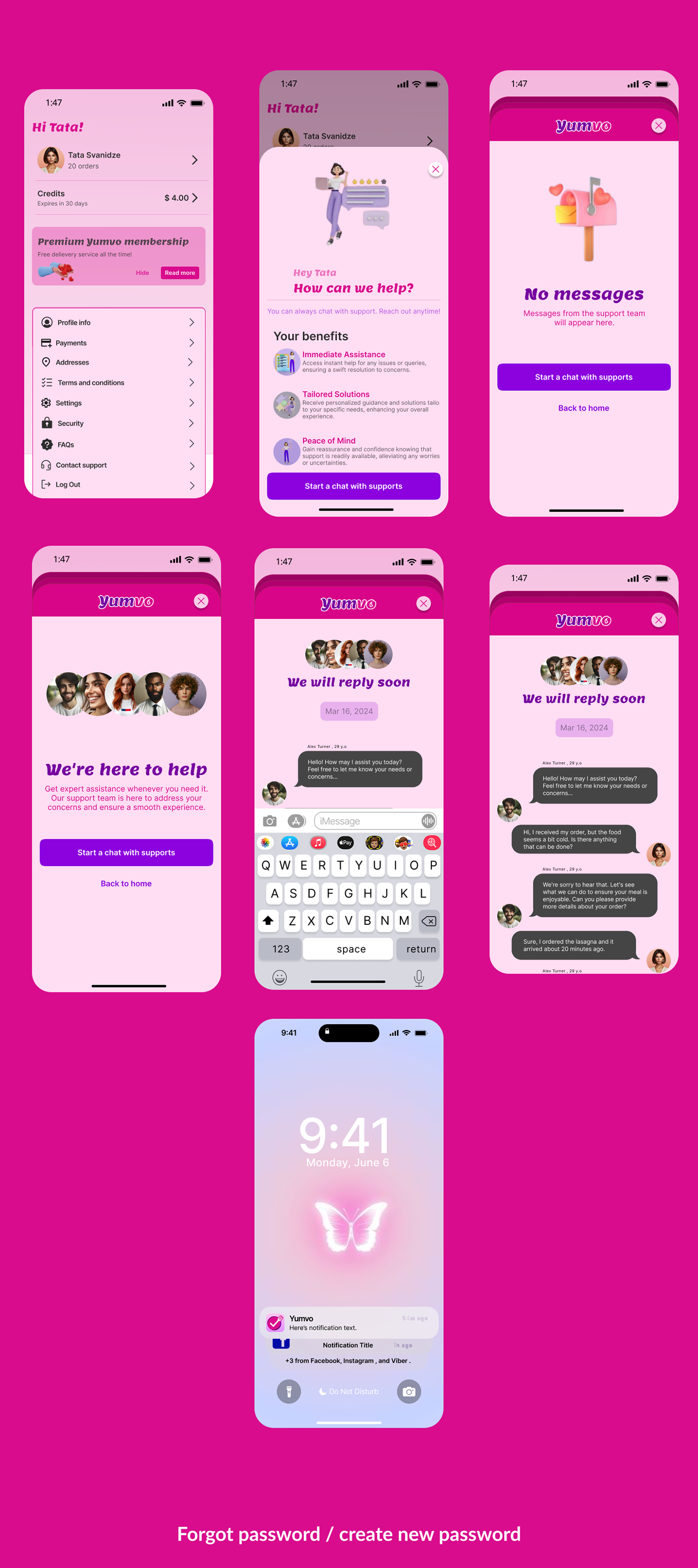 ui ux junior pink purple Mobile app ios Food  delivery concept Figma