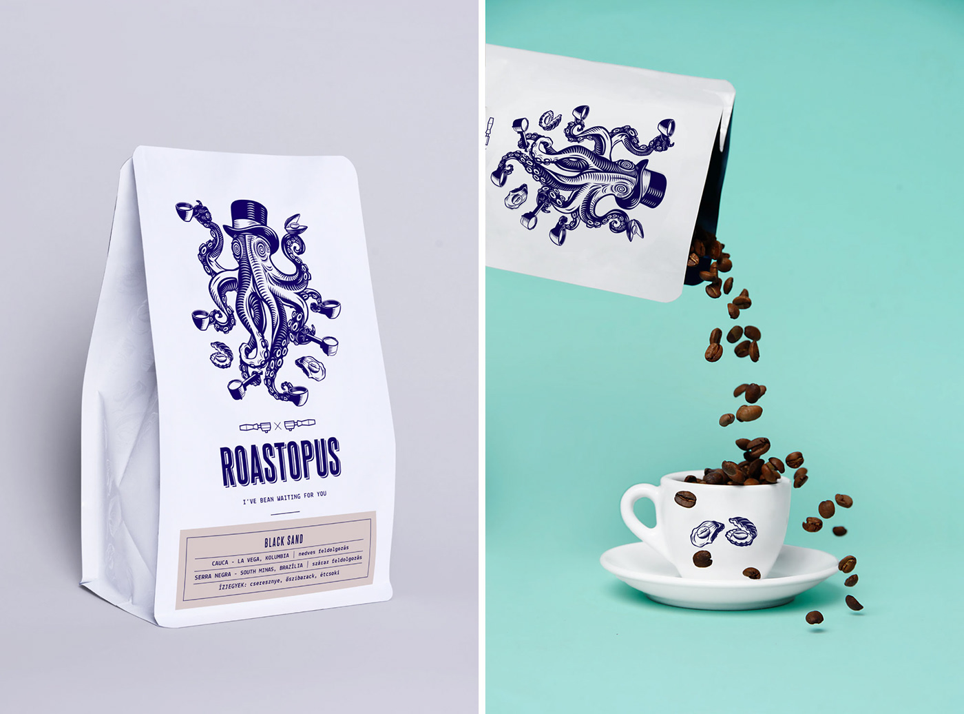 Coffee Design roastery design coffee package logo Illustrated Logo Business card design octopus Webdesign
