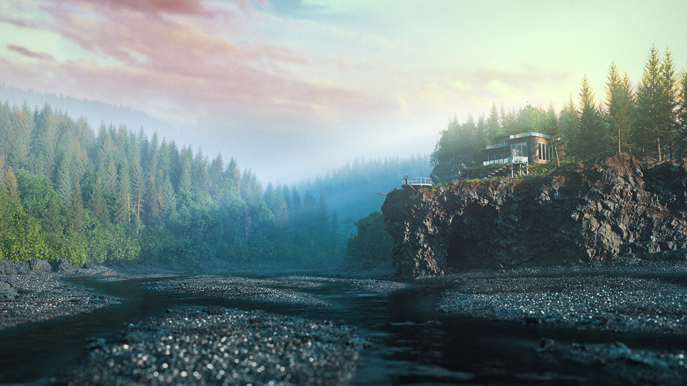 3D CG CGI cliff fog forest river