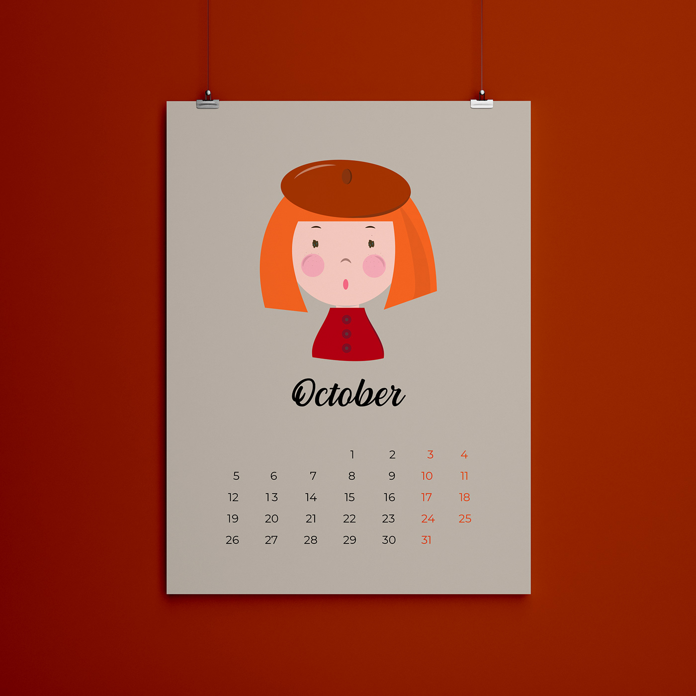 CALENDAR 2020 calendar design cartoon Character design  ILLUSTRATION  redhead girl