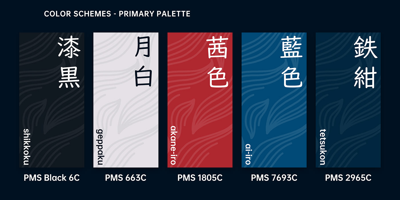 Color palette defined for a branding project, featuring traditional colors from Japan