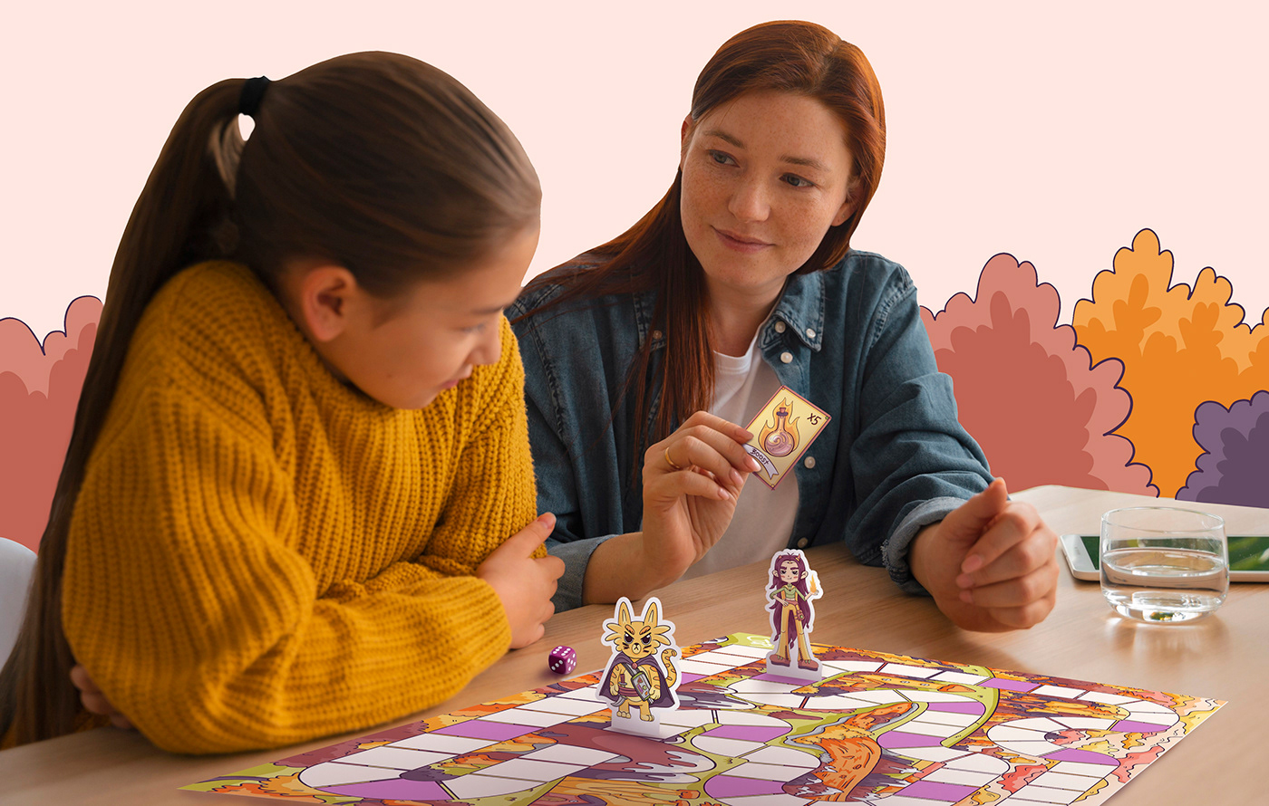 Two girls playing board game gem hunters. One of them get an action card with boost 