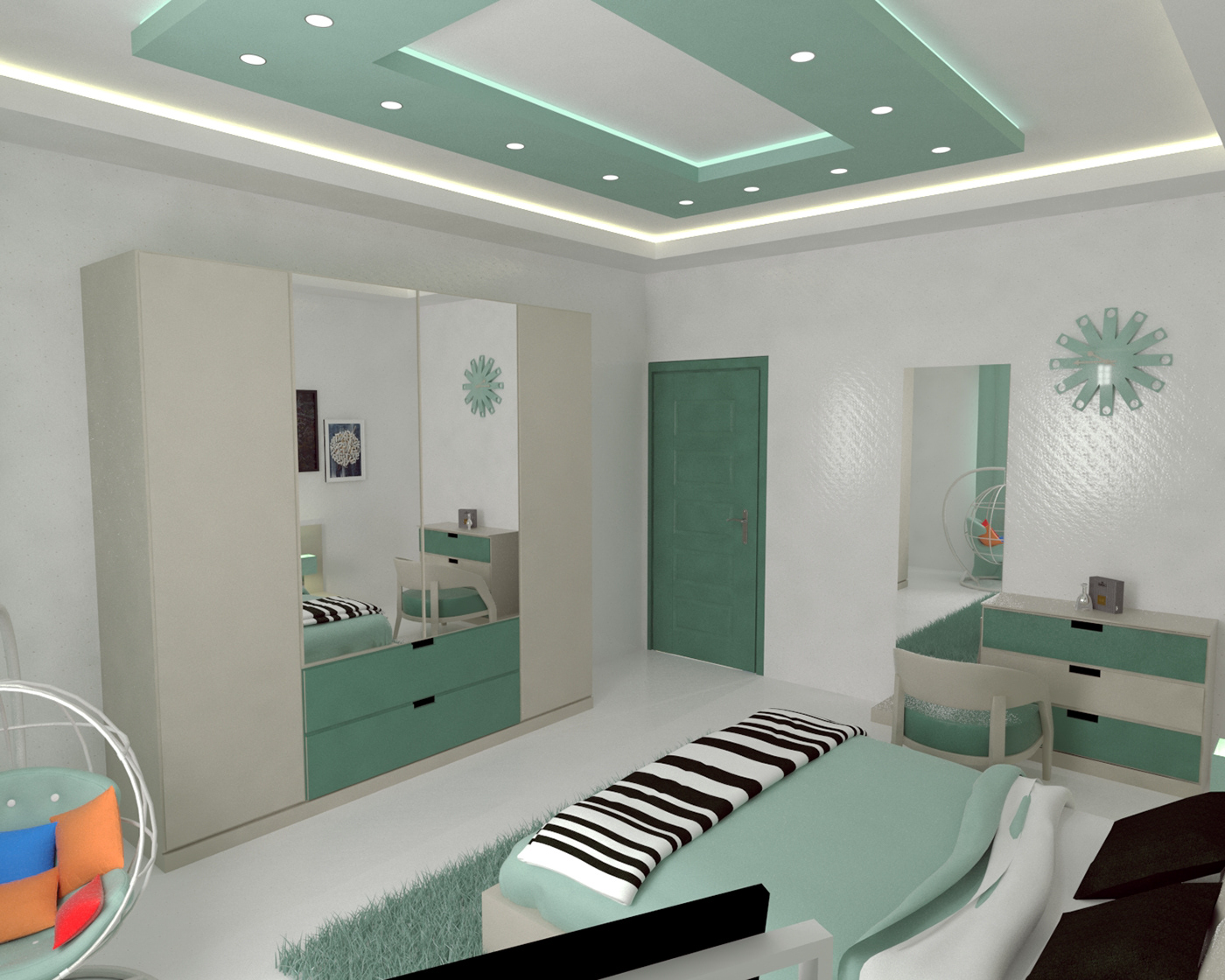 Modern white bedroom with light green for rendering #modern #bedroomdecor #bedroom #art #architecture #instagood