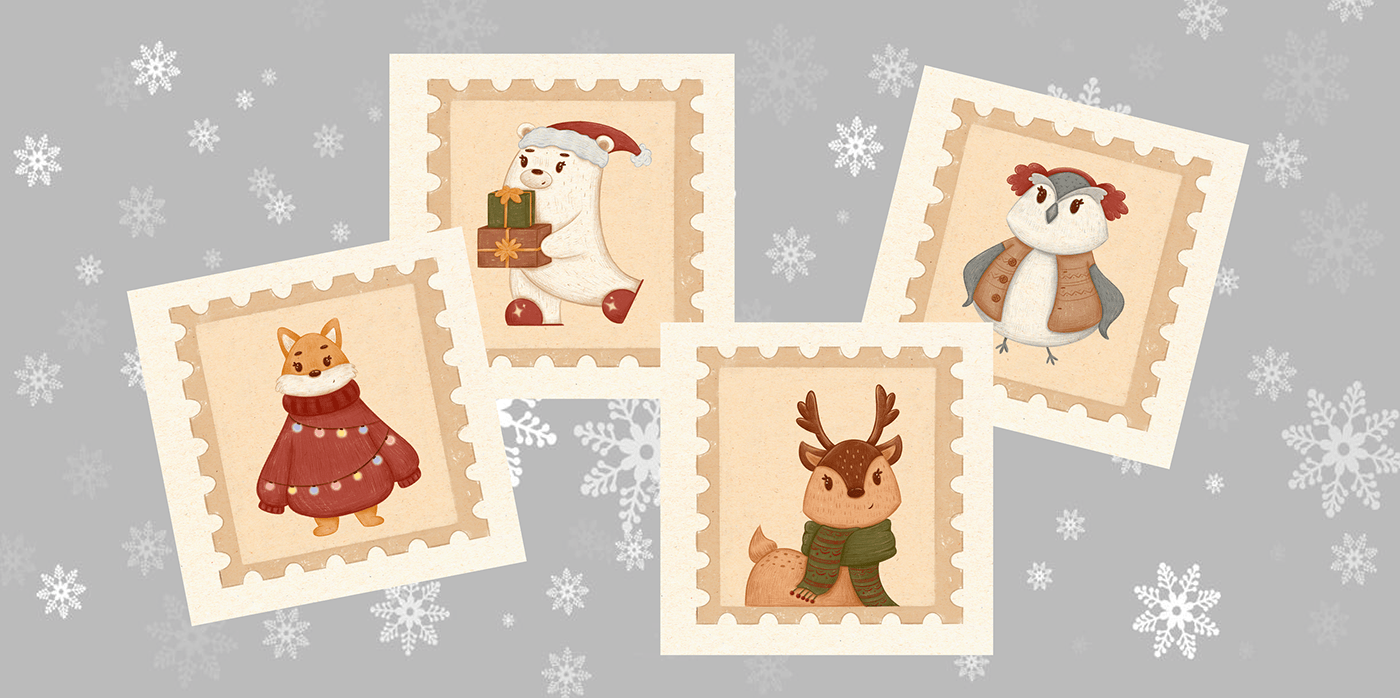 winter Christmas new year characters sketch ILLUSTRATION  owl deer Polar Bear FOX