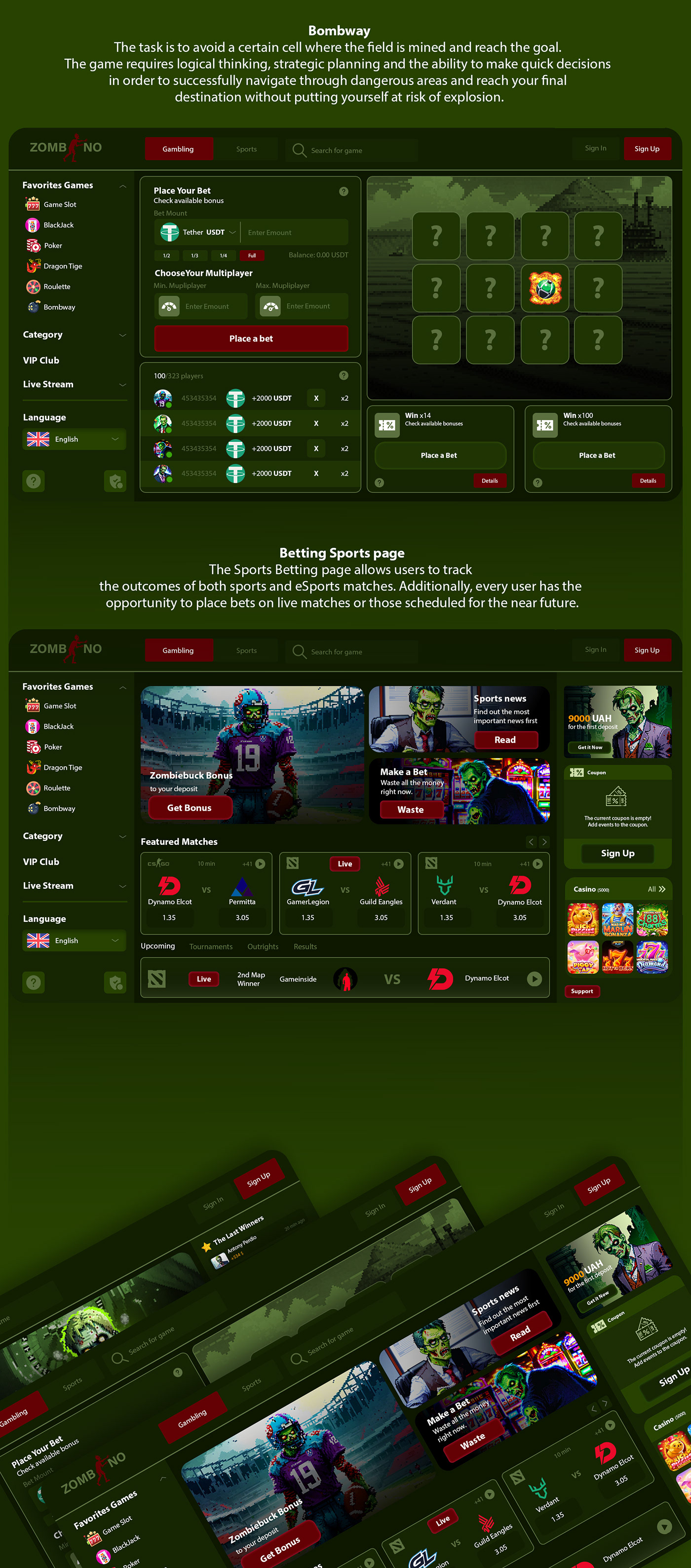 casino crypto bomb sports game gambling betting Webdesign Website landing page