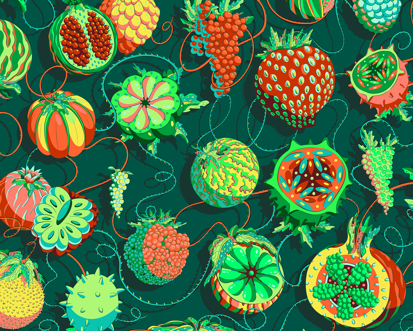 Illustration of green and orange fruits in fresh autumnal colours.