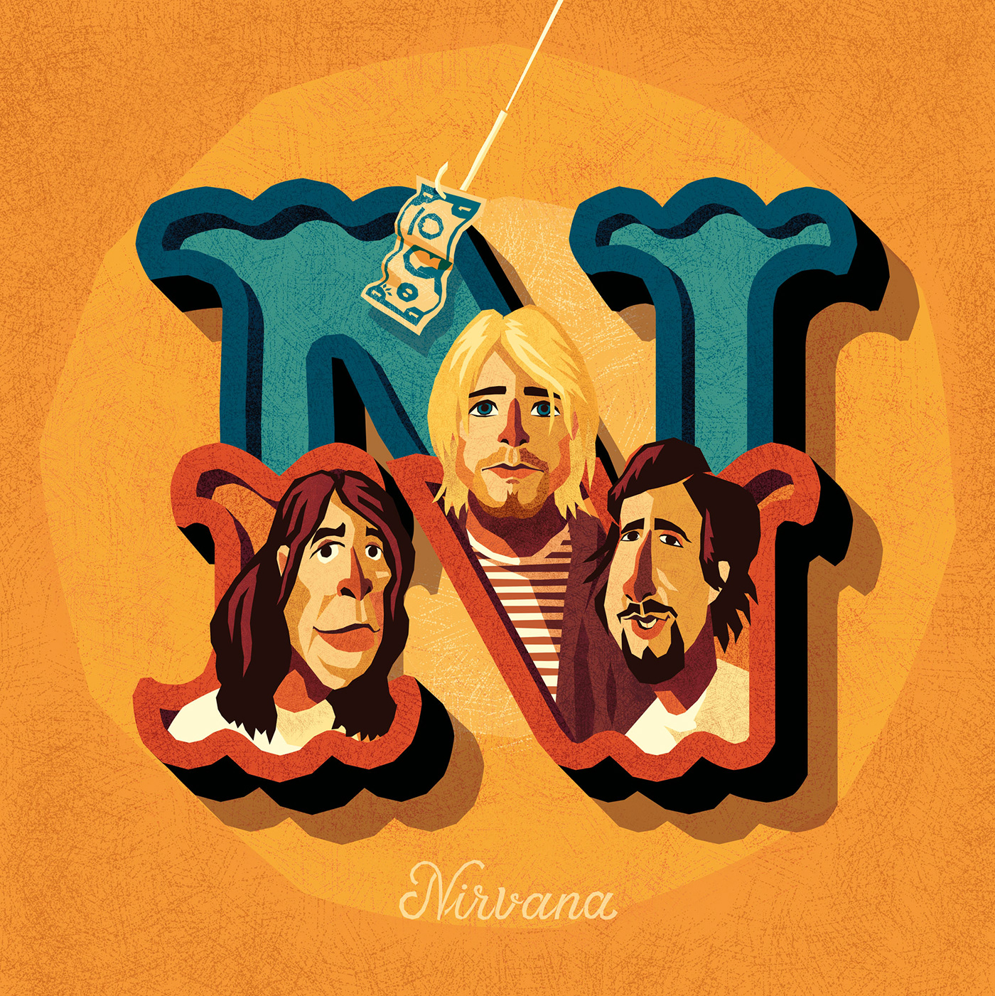 Decorative capital letter N with caricatures of the band Nirvana