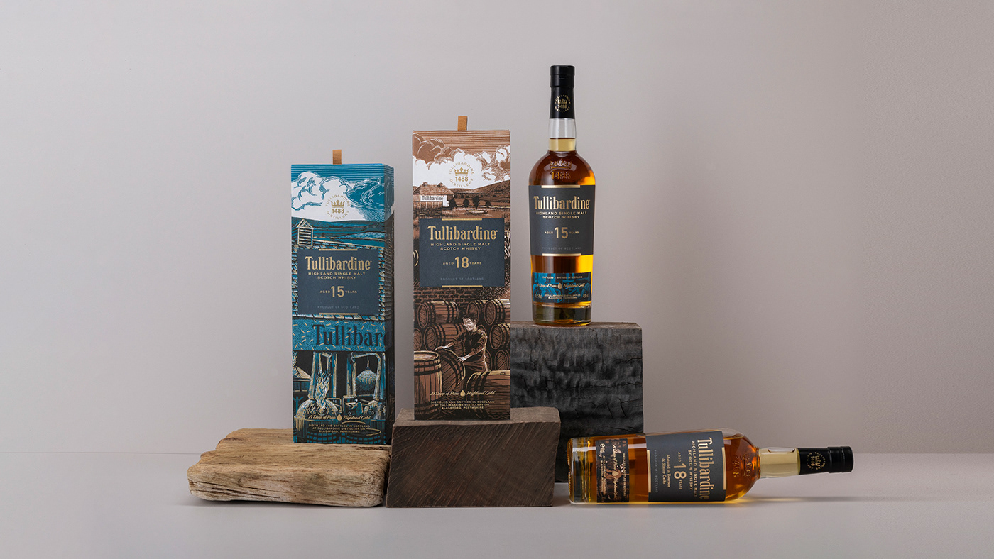 drinks design scotch Packaging luxury packaging giftbox tullibardine recycled materials scotland woodcut printmaking