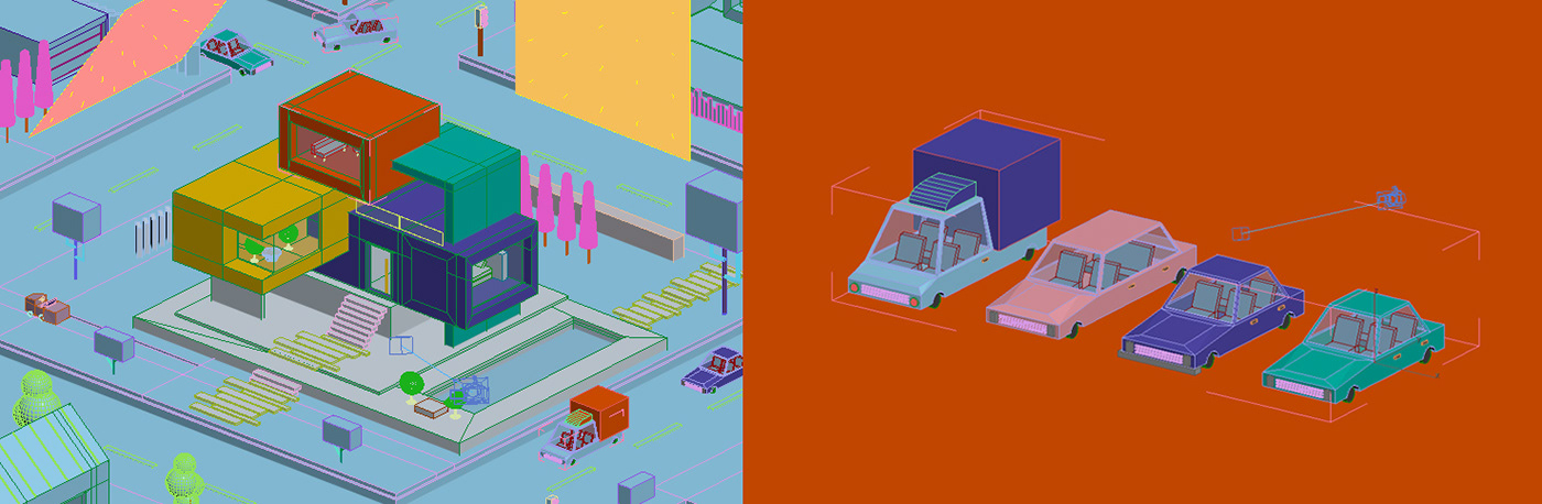 3D Cars city cubic digital house ILLUSTRATION  Isometric lowpoly modern