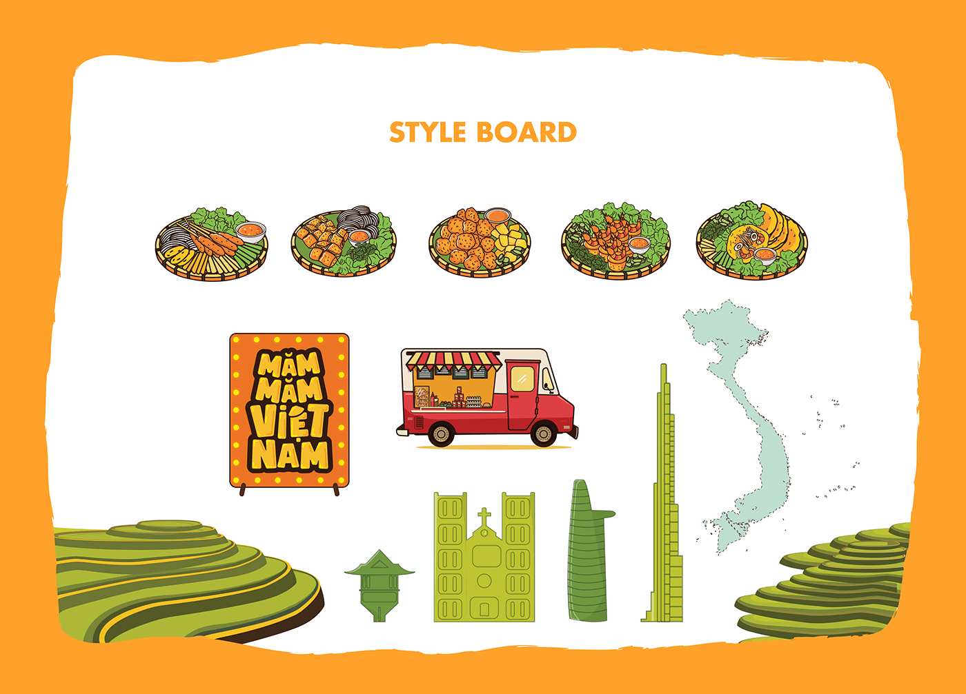 brochure design brochures Food  game board ILLUSTRATION  Travel Digital Art  food illustration map vietnam