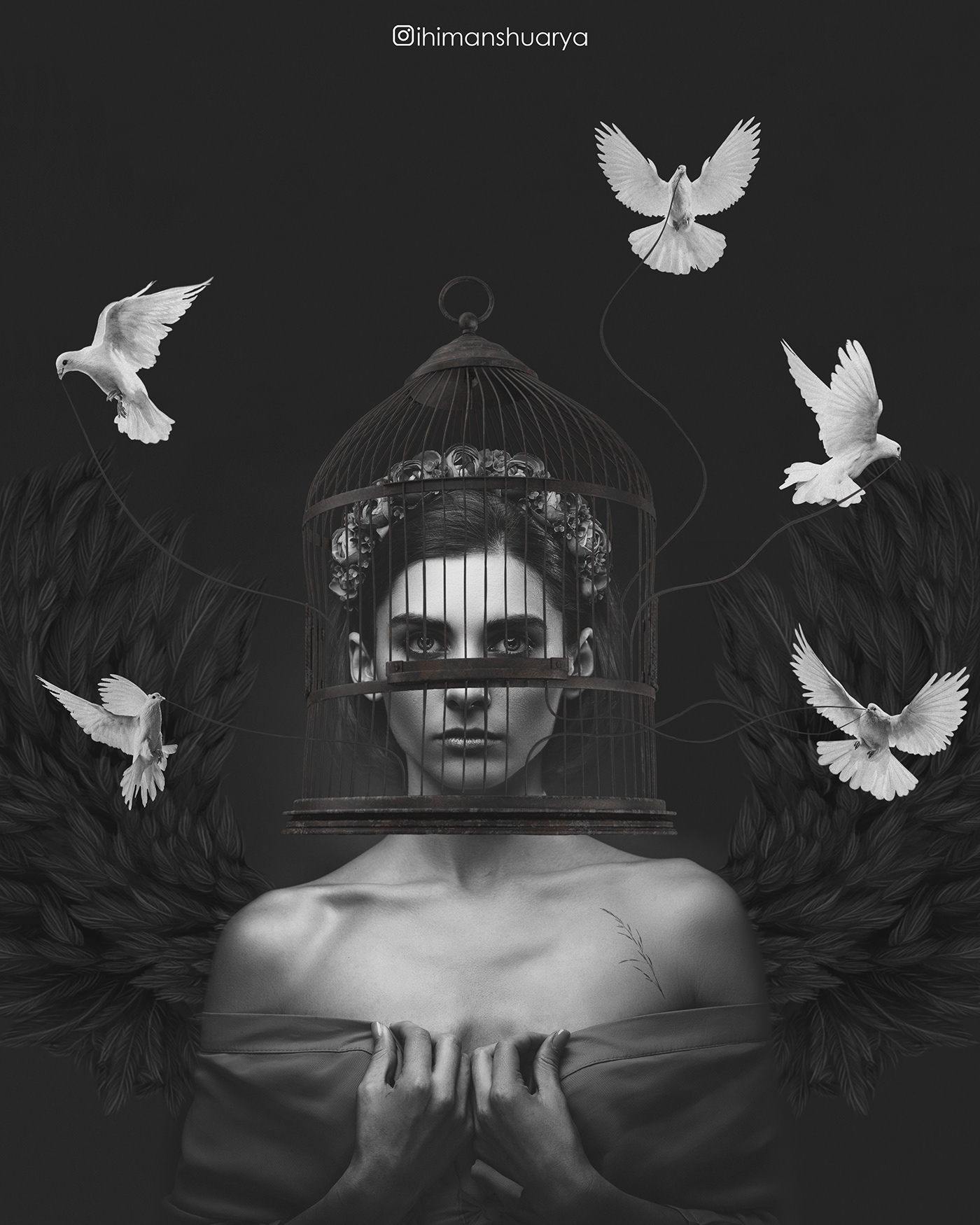 black White cage wings birds freedom angel portrait deep concept