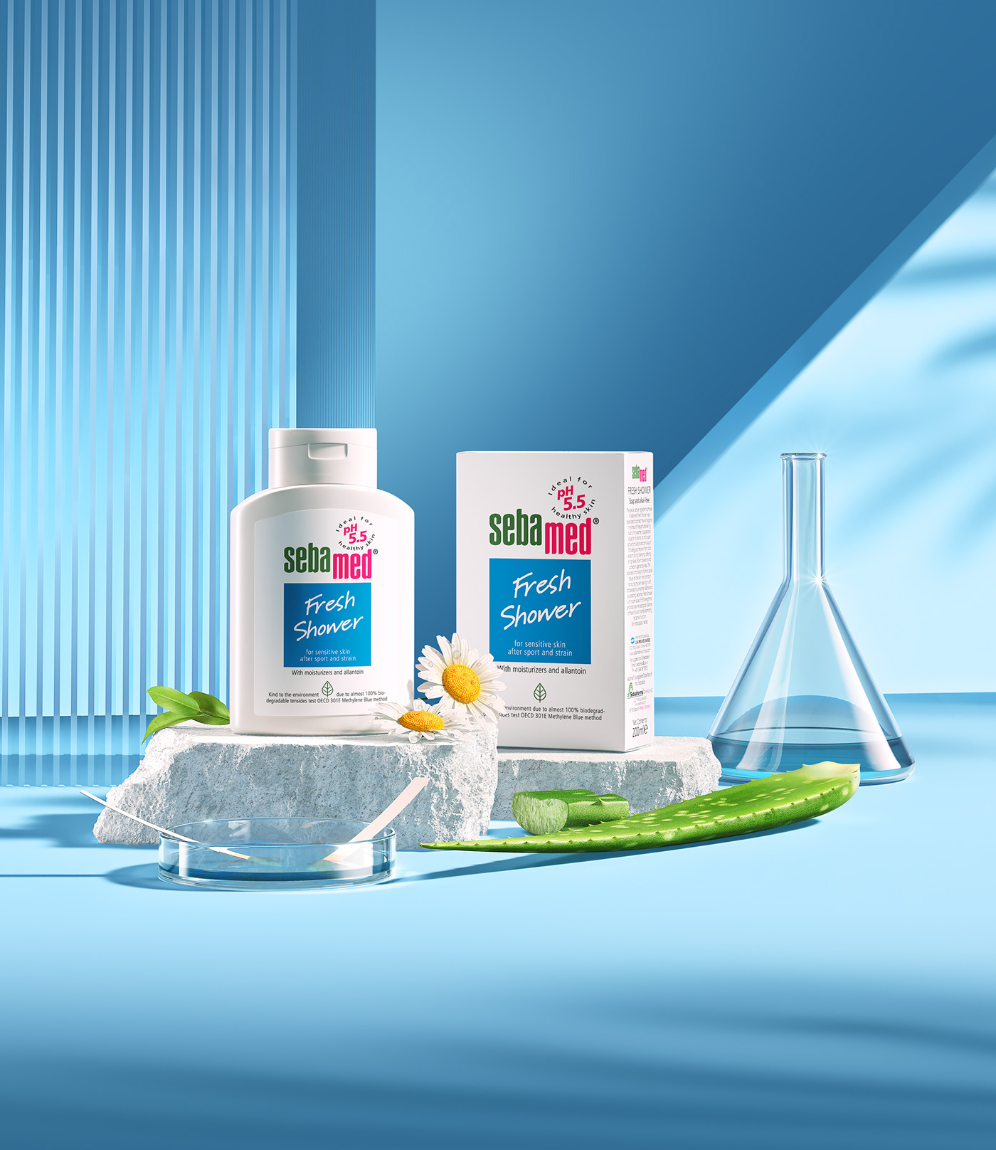 3D Advertising  CGI cosmetics design minimalistic products retouching  sebamed visualization