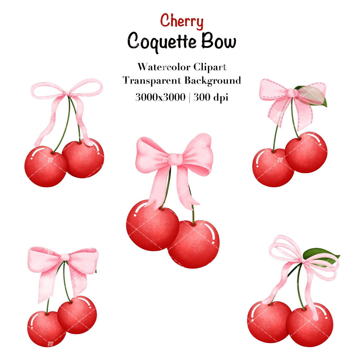 cherry coquette aesthetic girly feminine elegant ILLUSTRATION  watercolor Digital Art  pink bow