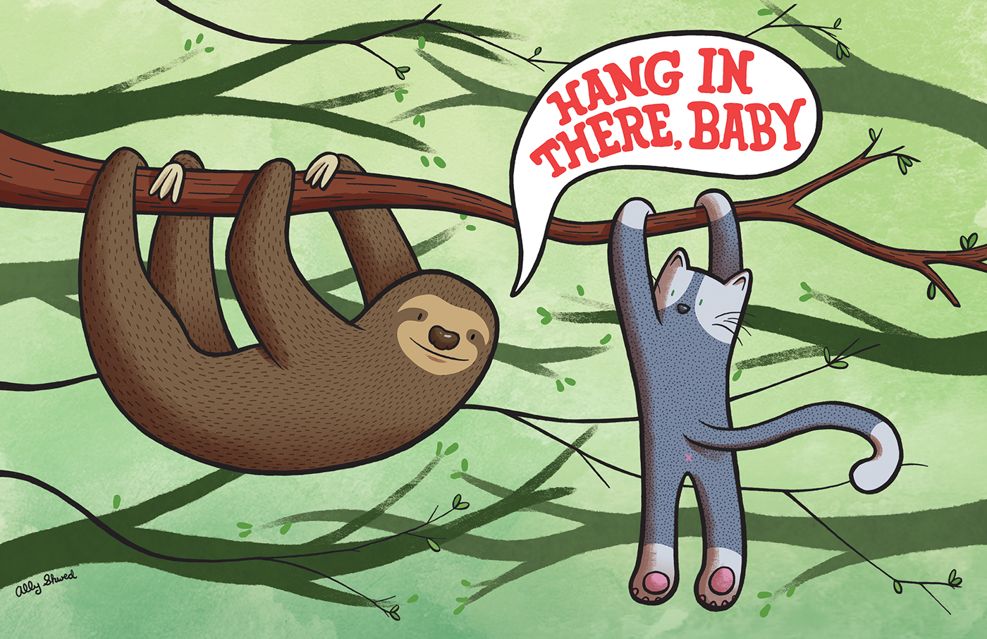 Cat sloth art art print Hang in There ILLUSTRATION  mark-making