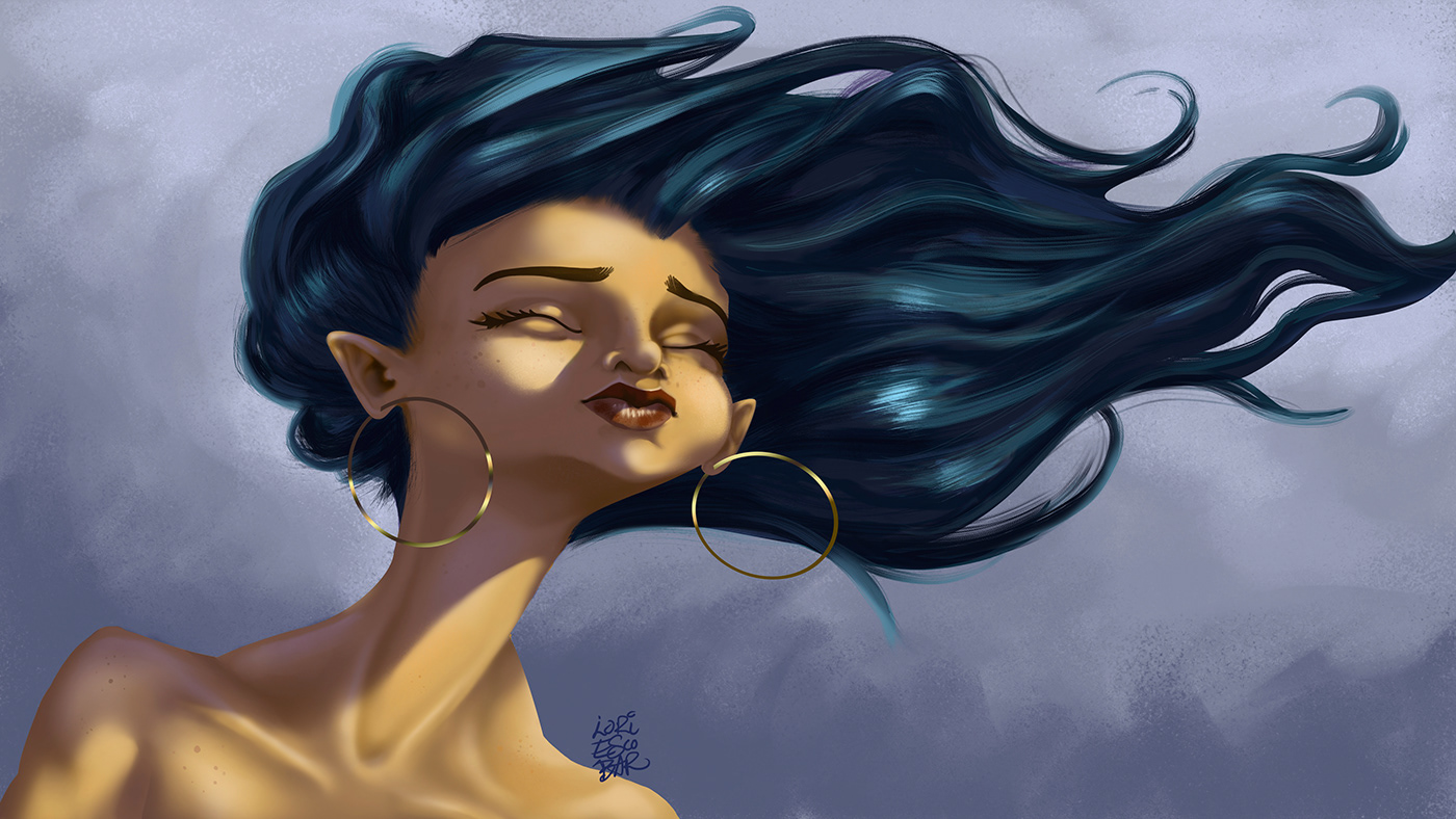 blue hair digital painting Drawing  eyes closed face female girl hair ILLUSTRATION  portrait