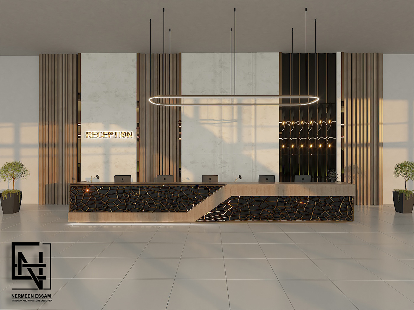 reception design Interior architecture 3D modern vray visualization counter elevator design