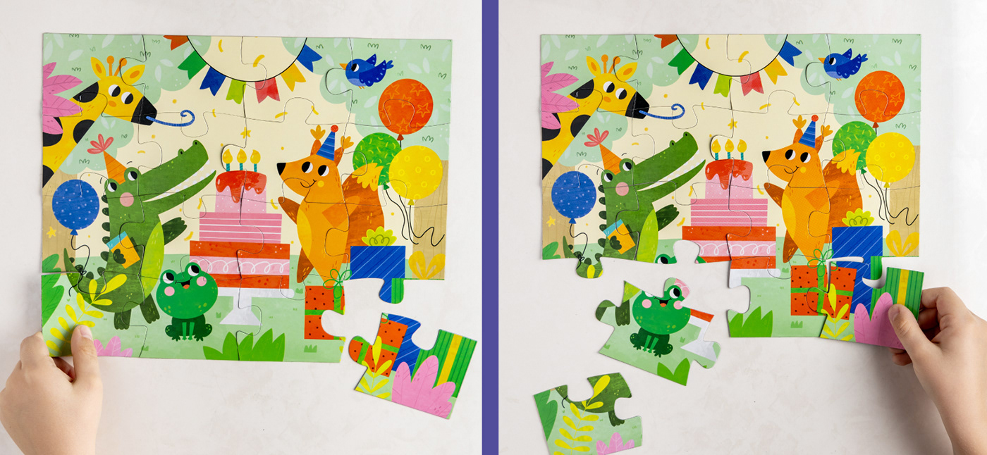 Painted a colourful illustration and packaging for a children's Birthday puzzle with cute animals. 