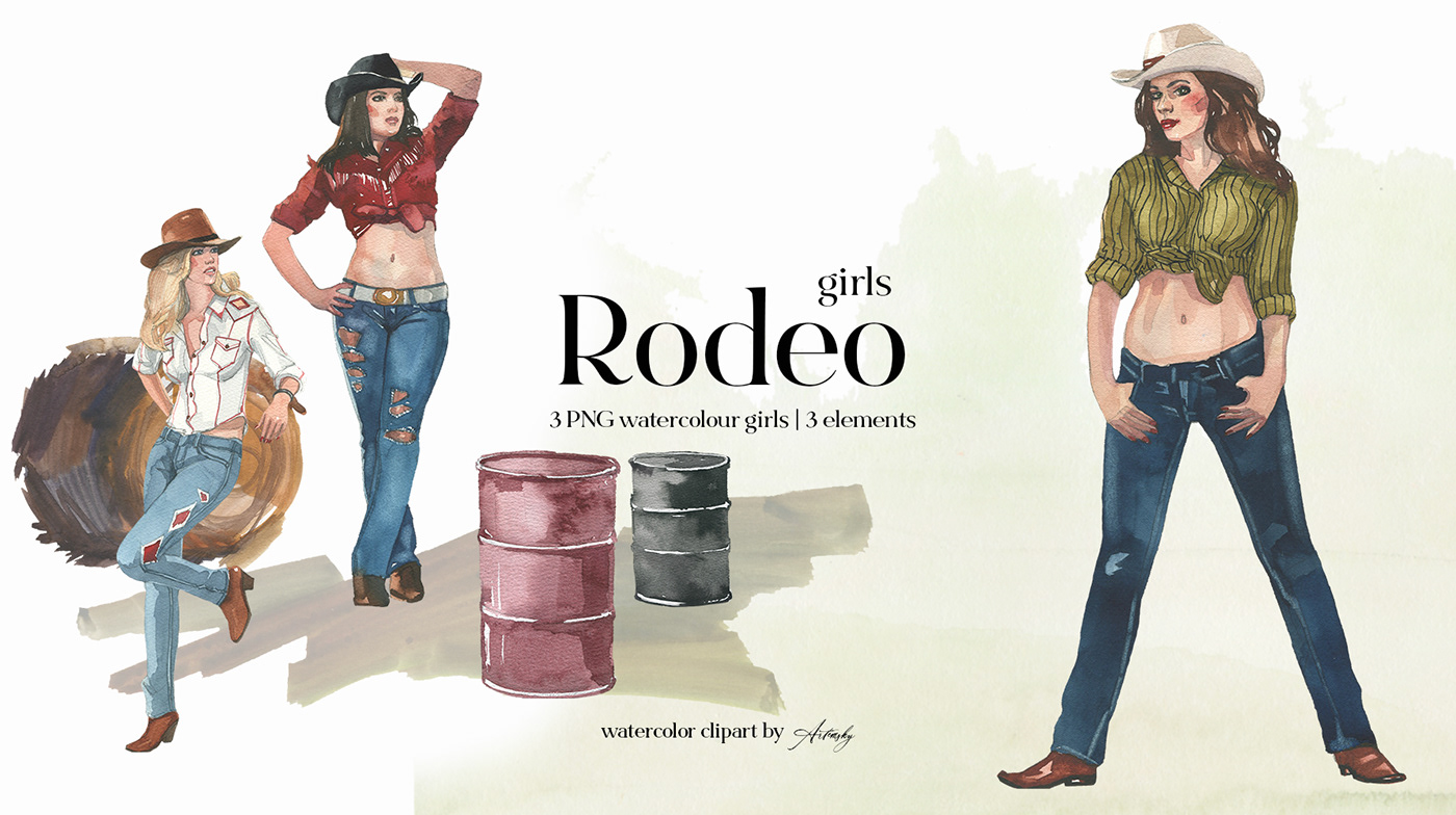 clipart watercolor rodeo png cowboy cowgirl party Invitation commercial use 300 dpi