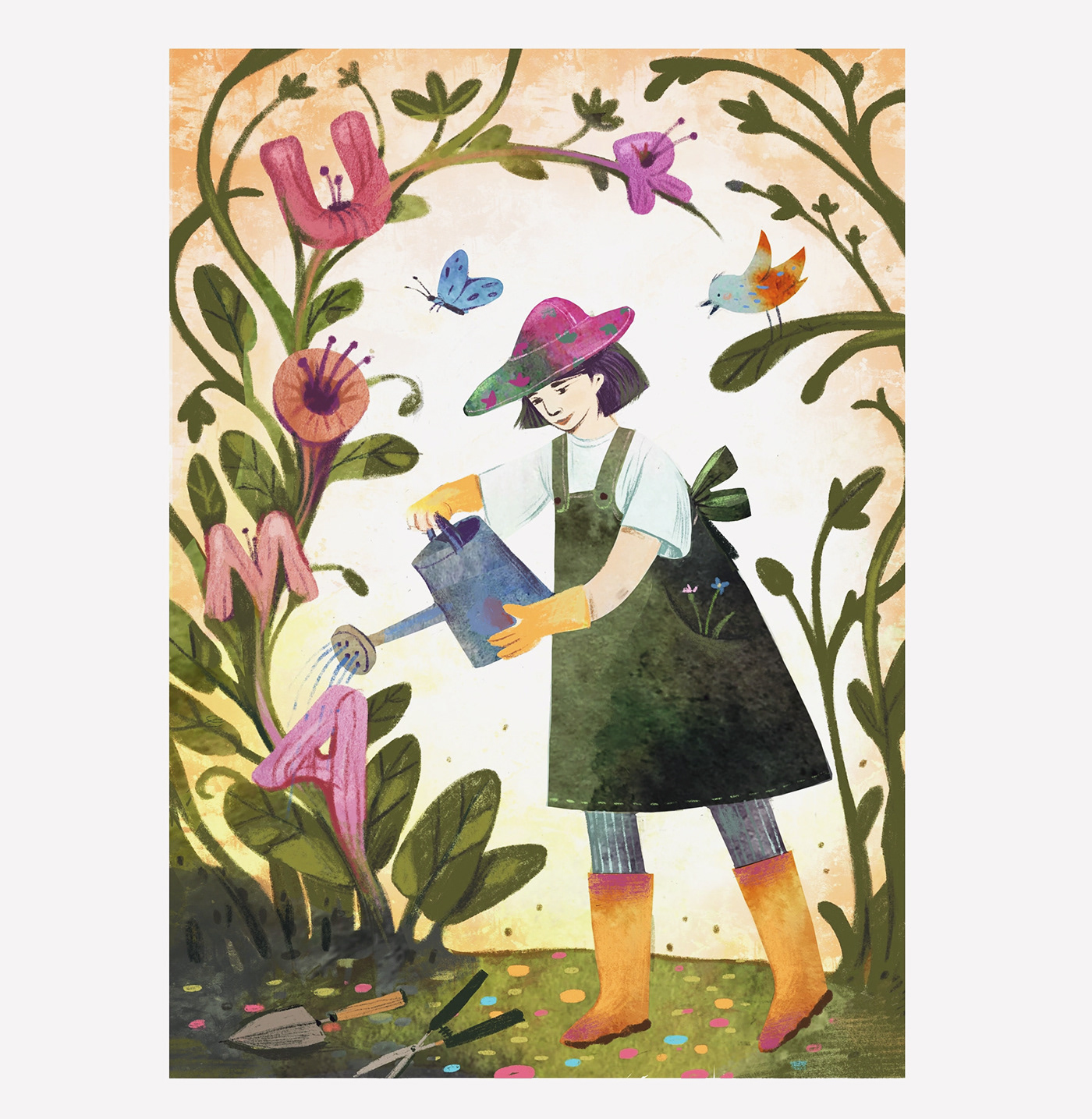 amour Flowers gardener girl lettering Procreate spring watercolor