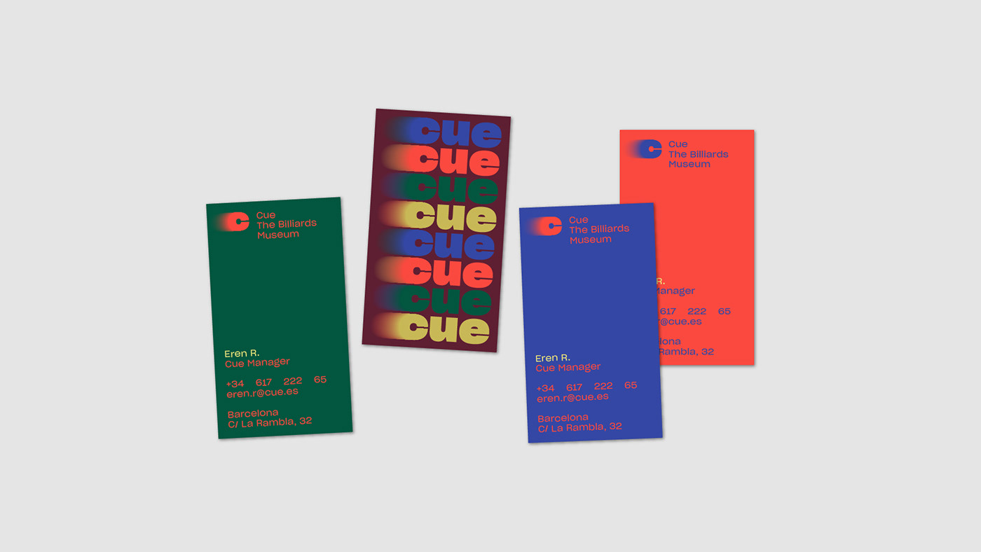 4 vertical business cards mockup of a billiards museum brand barcelona. 5 colors. 3 colors each