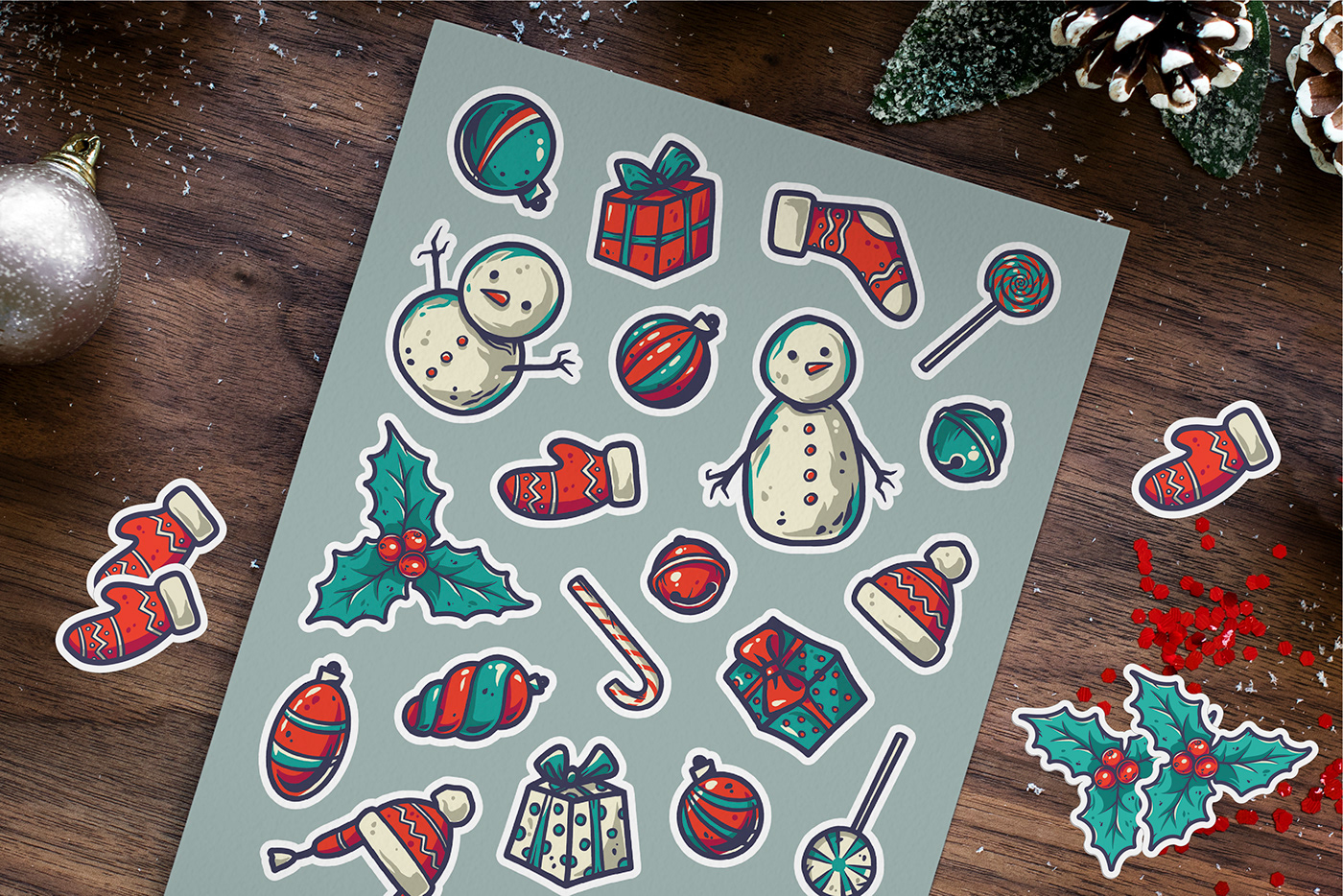 Candy Christmas holly Pack set snowman sticker vector winter