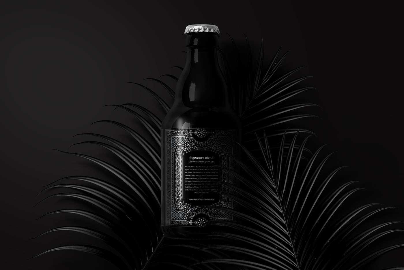 label design packaging design dark Coffee Cold Brew bottle metal glass silver shadow
