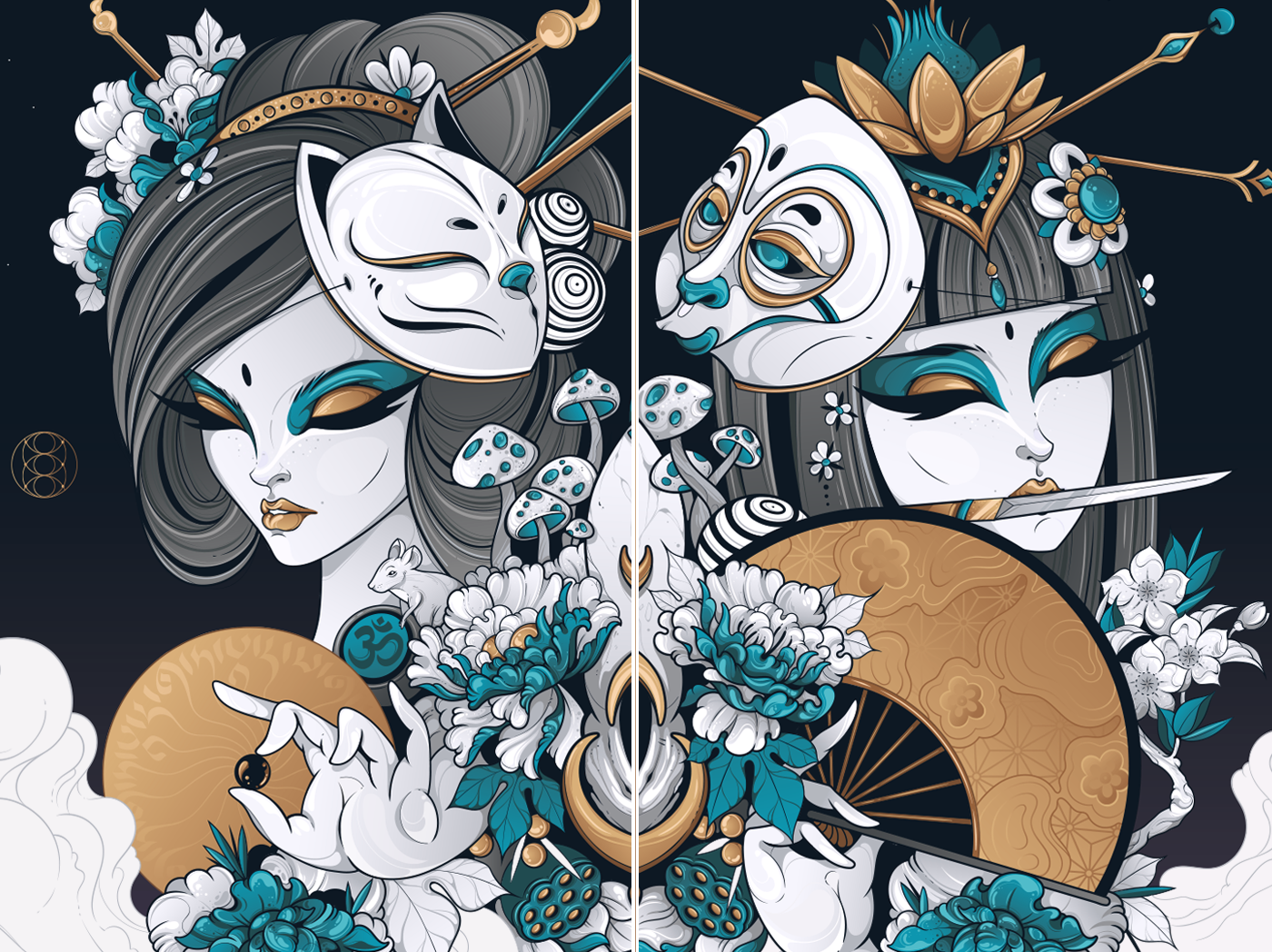 Vector Illustration tibetan skull mantra tattoo design geisha goddess lotus flower asian masks asian flower skate deck design