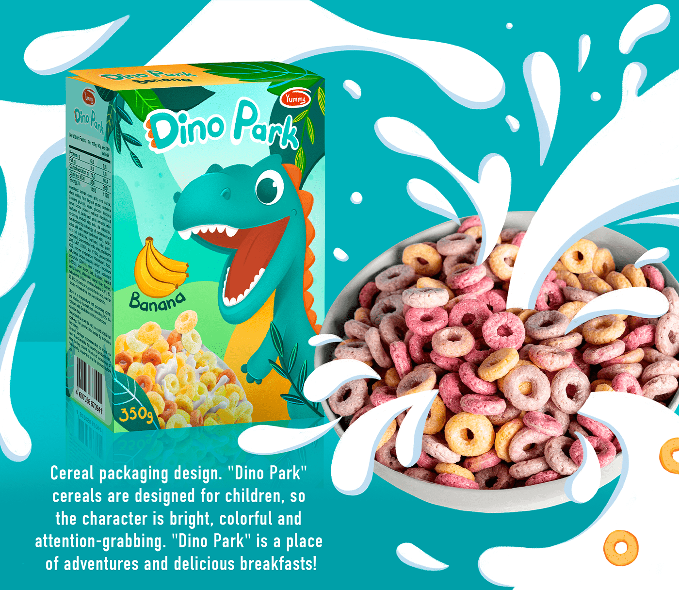 Cereals breakfast Mascot brand character cartoon character children illustration packaging design Dinosaur lettering cereal box