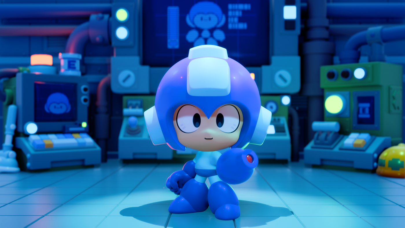 cute 3D Mega Man lab lighting environment Cartoony