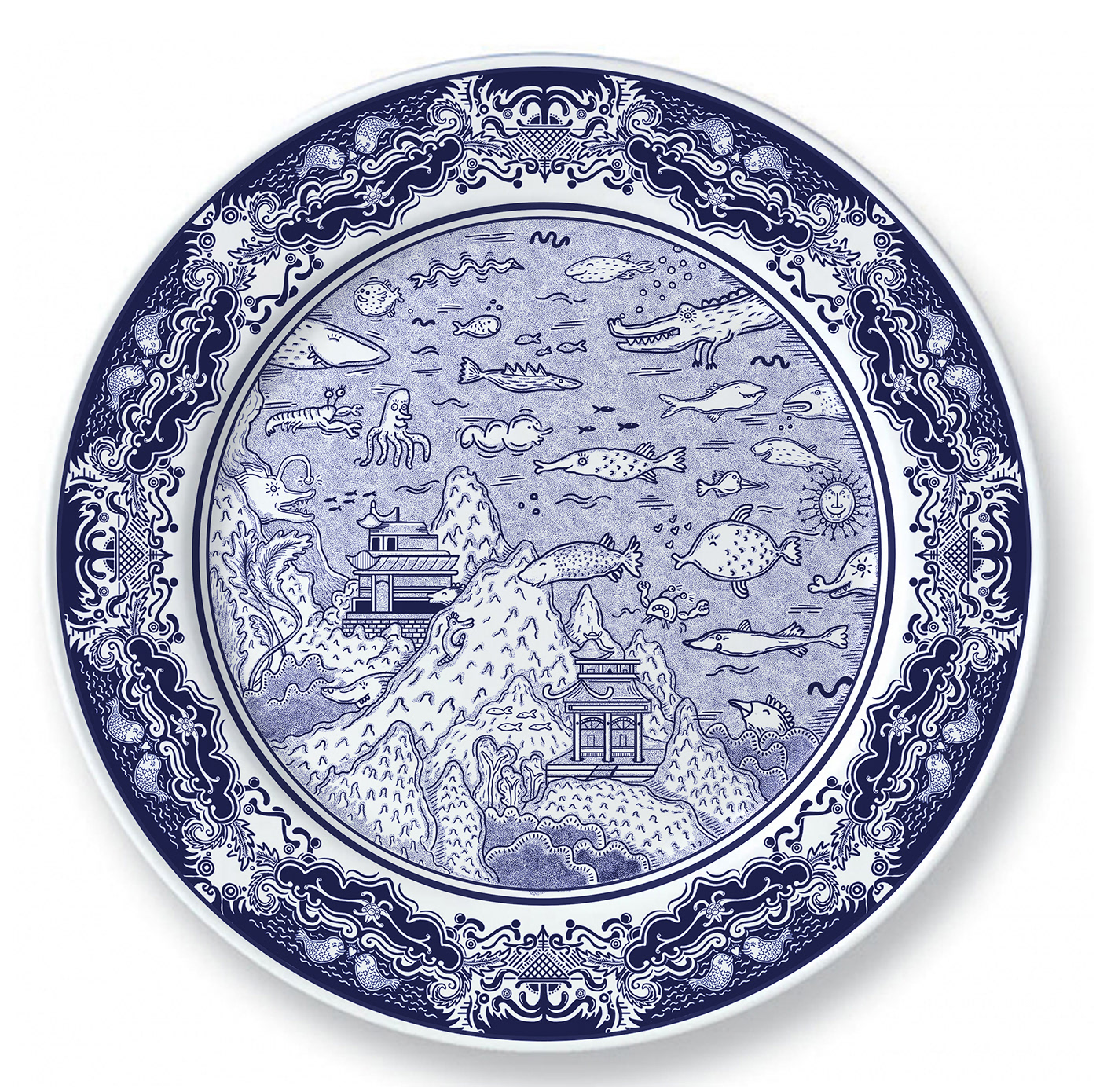 ceramic Blue Plate illustrative patterns willow pattern Eastern plates ceramic design Character design  concept