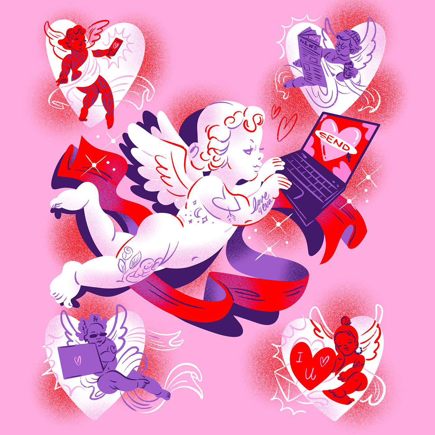 Illustration of Cupid sending valentines to other cherubs via newspaper ads, text, card and digital.