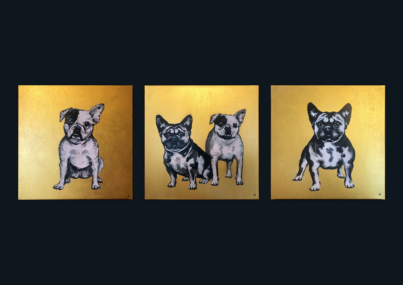 dog acrylic tryptich golden black and white