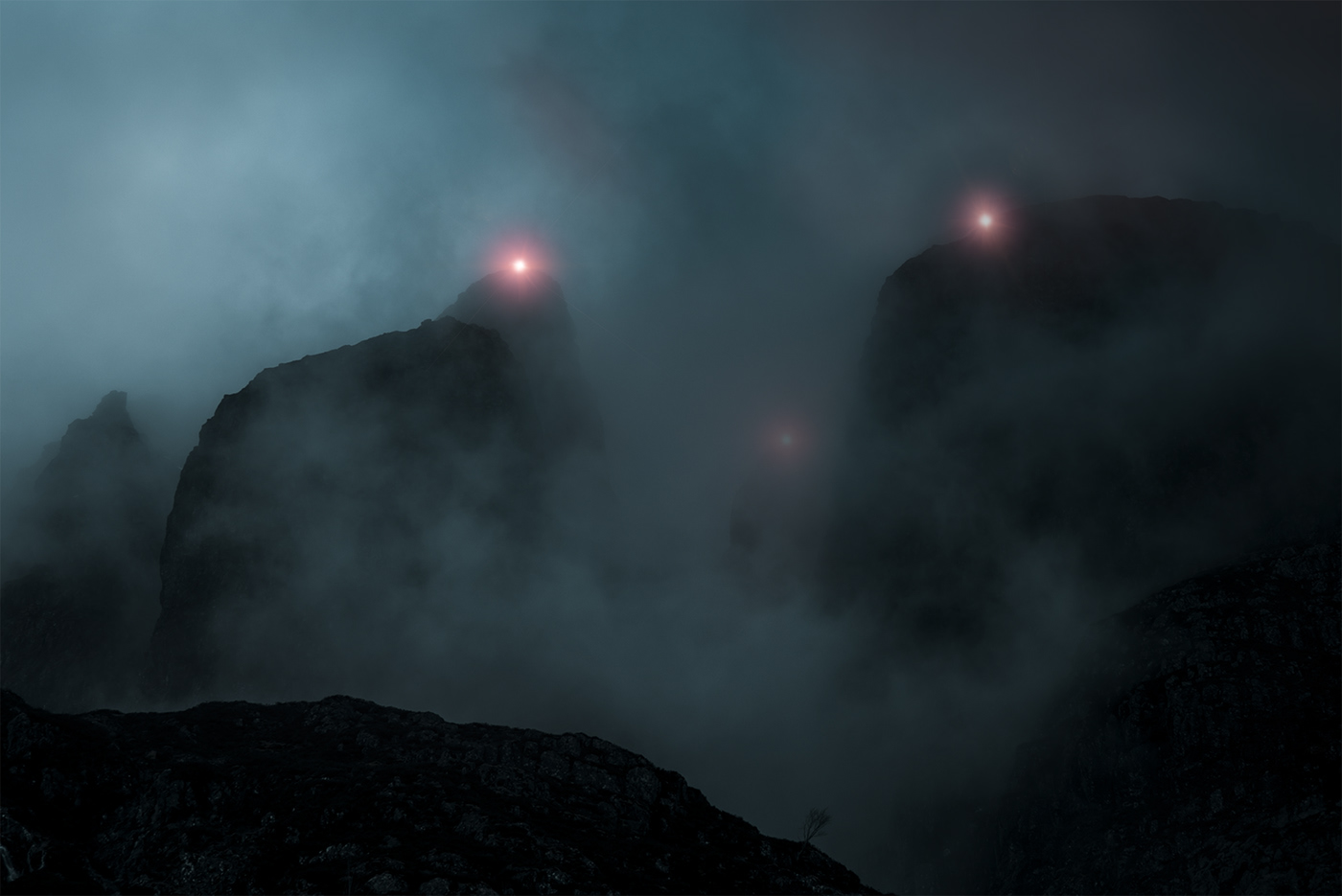 Aerial Landscape science fiction dark light night clouds alien fog