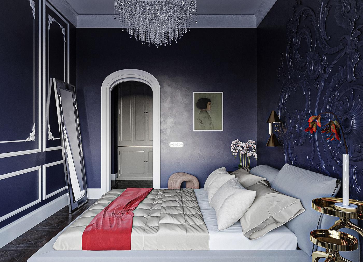 bedroom blue cozy luxary Fashion  bed room interior design  architecture modern