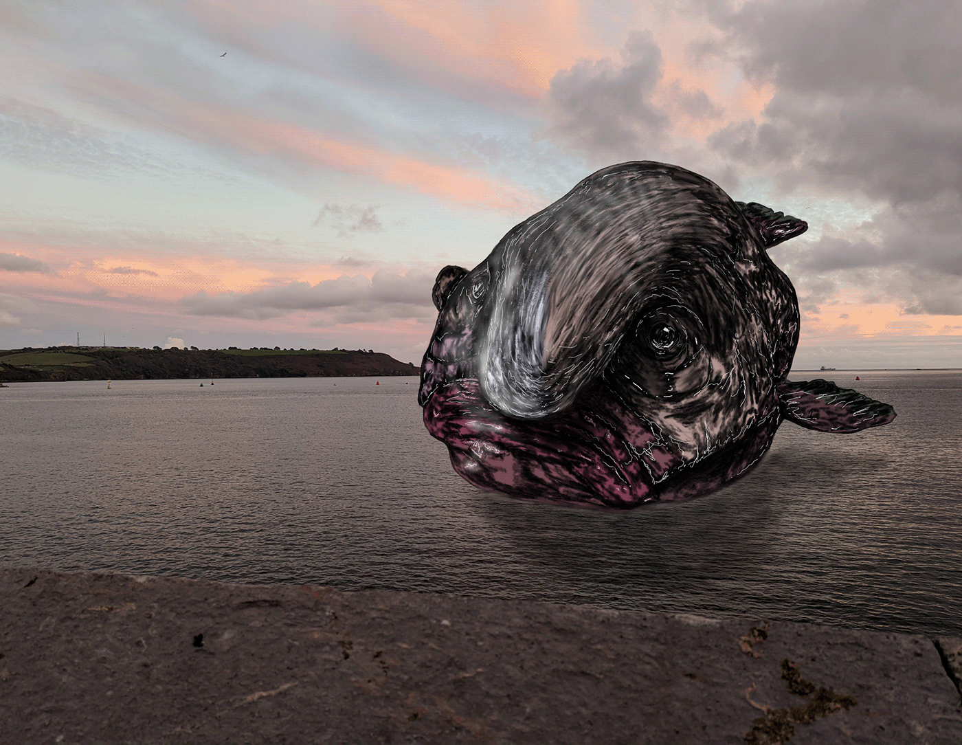 A picture of a blobfish I have digitally drawn over a photograph of Plymouth Sound