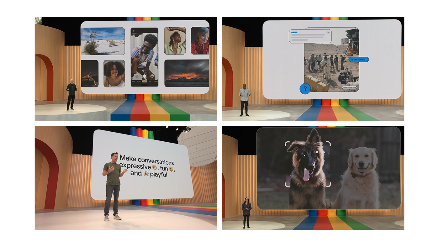 Quadrant of images of speakers on stage at Google I/O