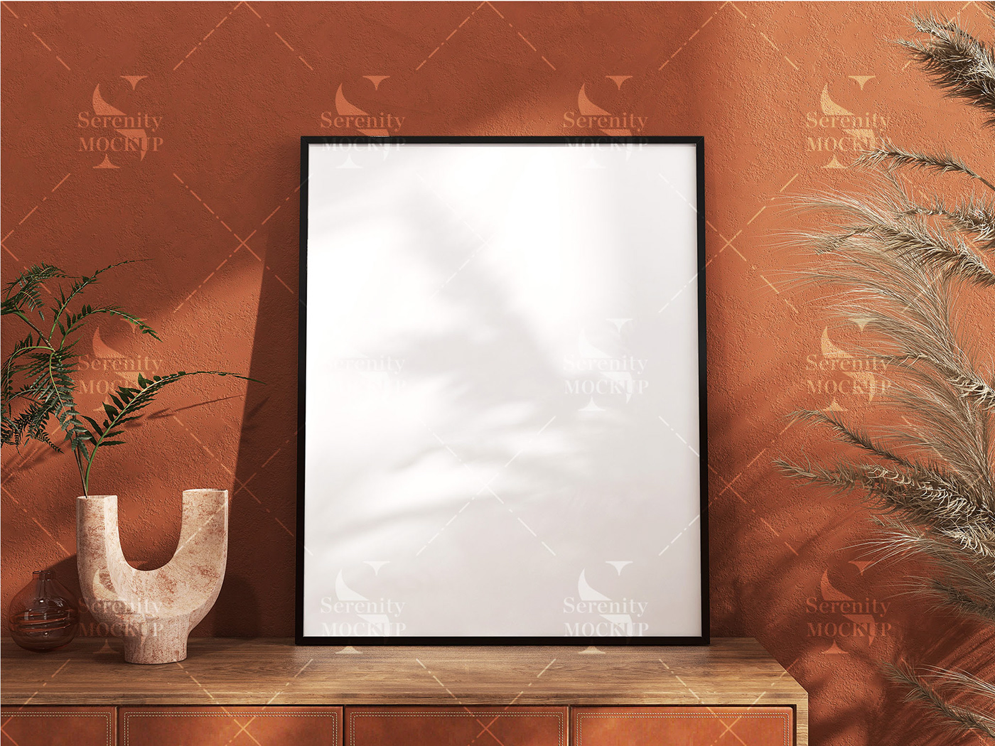 frame mockup poster frame console credenza terracotta boho style interior design  visualization boho chic