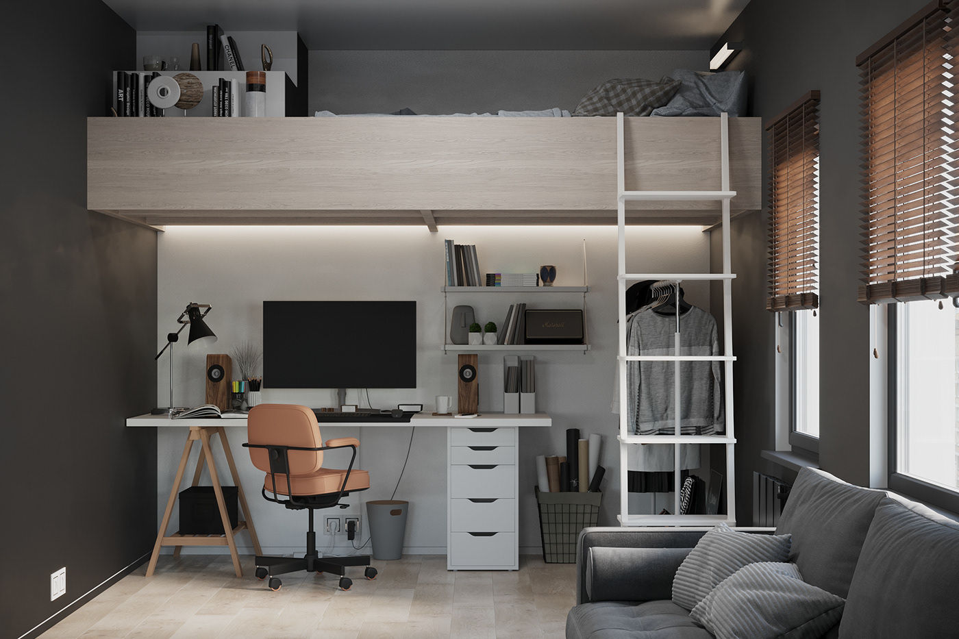 3D black corona renderer design house Interior interior design  Minimalism visualization