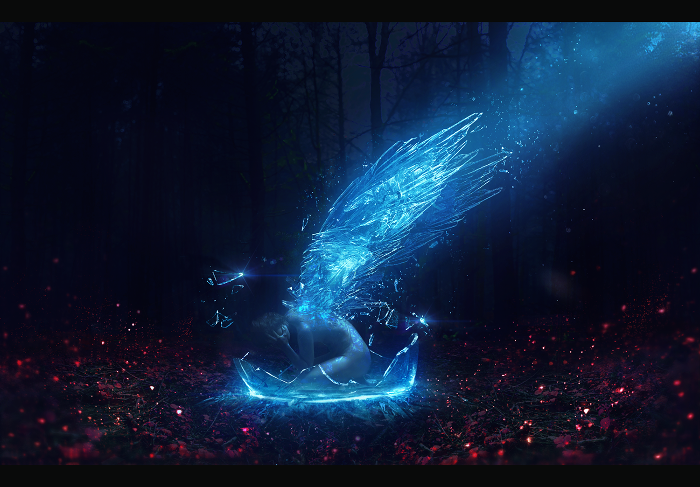 blue glass light wood forest red manipulation wing angel ice