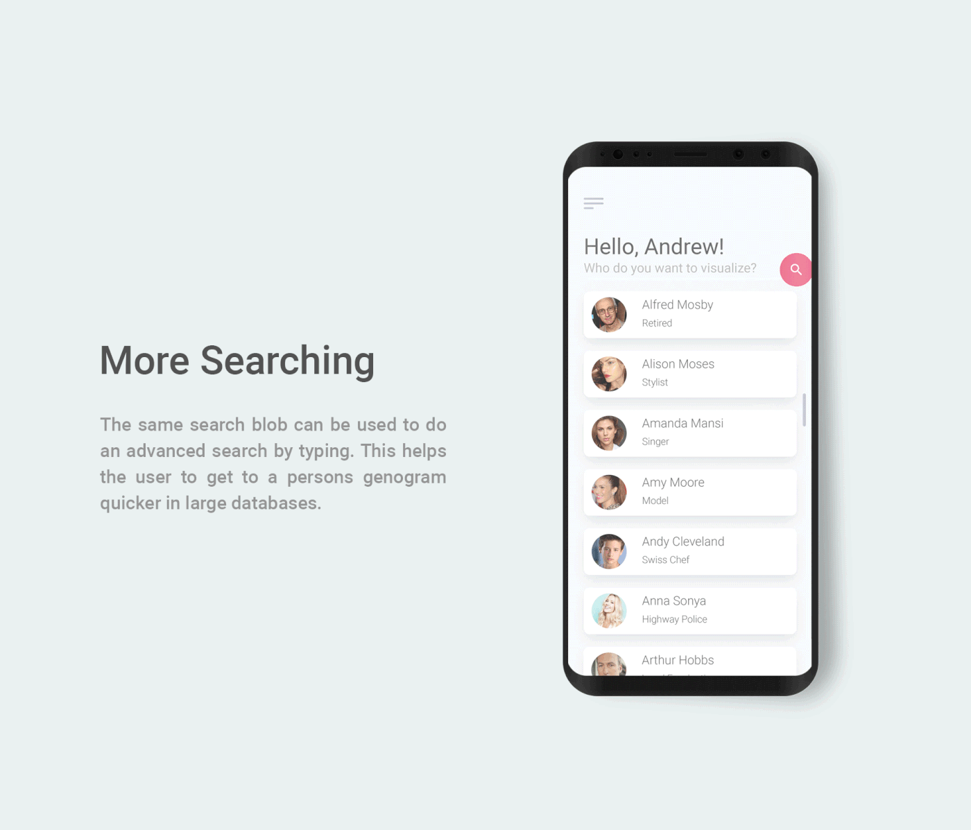 genegram UI ux animation  search motion mobile app interaction clean