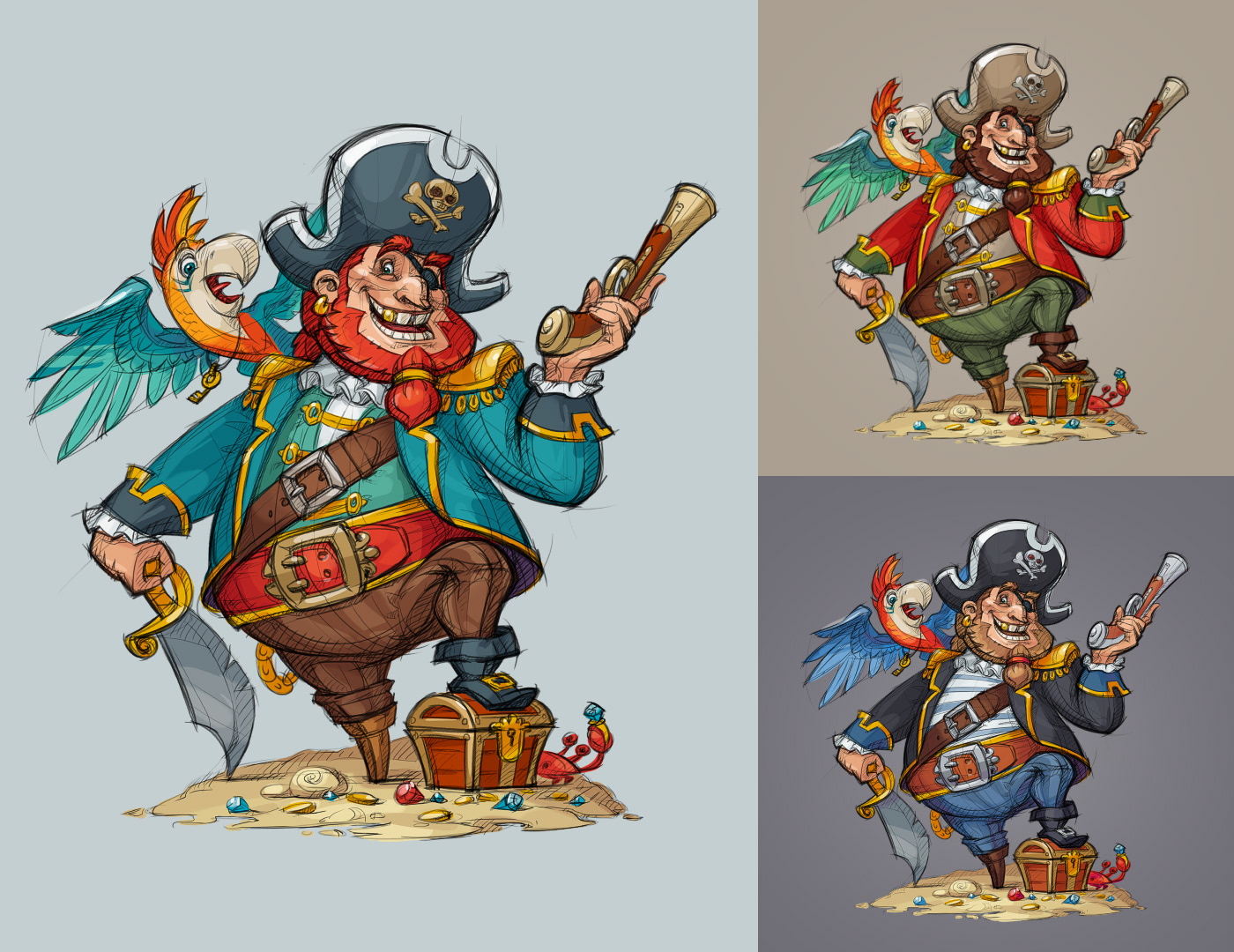 pirate Character design  ILLUSTRATION  vector cartoon Character parrot crab treasure chest concept art