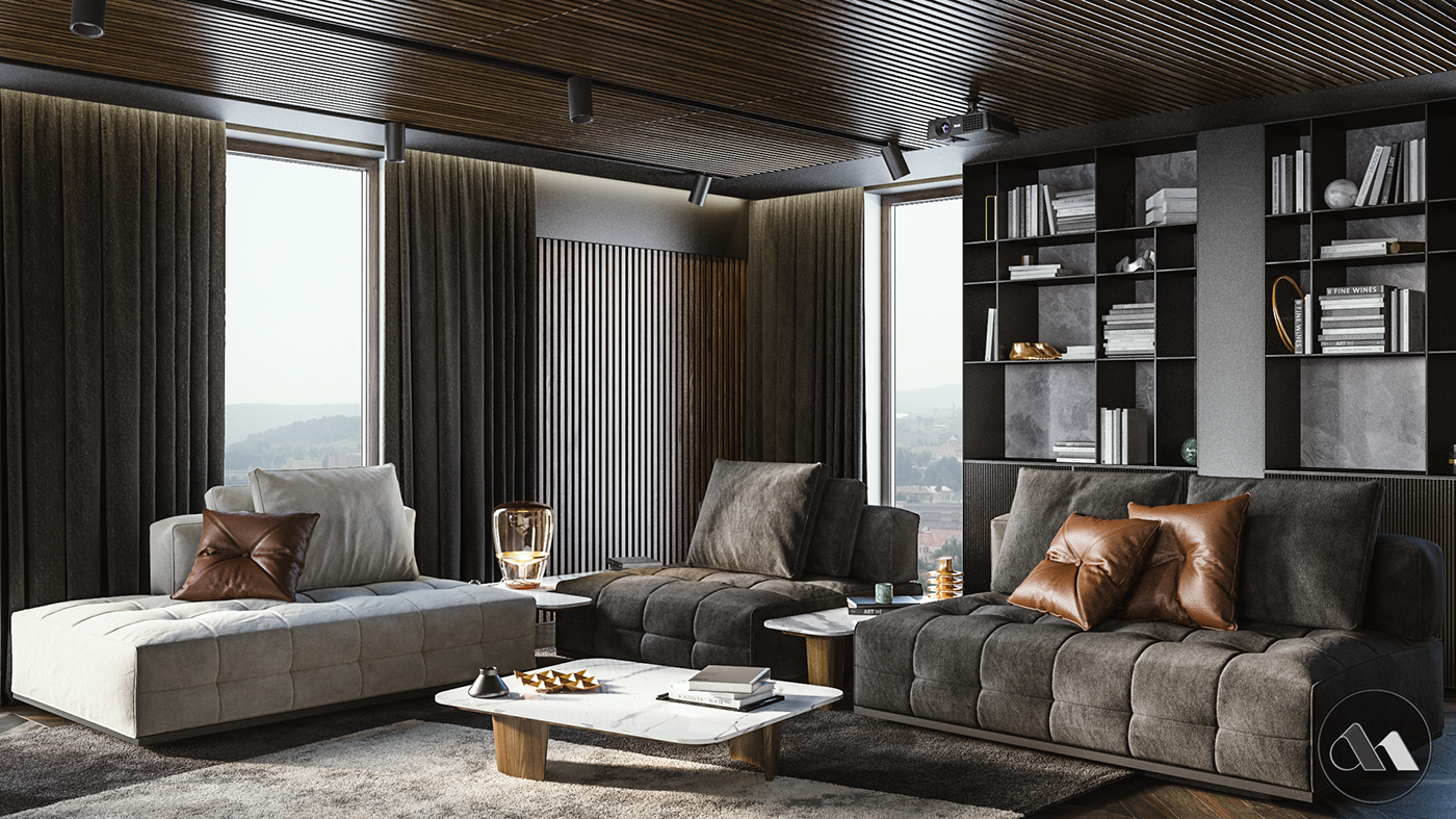 3dsmax vray 3D Interior design rendering Cinema living Minotti Marble