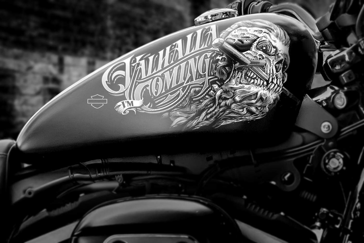 Harley Davidson ILLUSTRATION  viking skull motorcycle etching