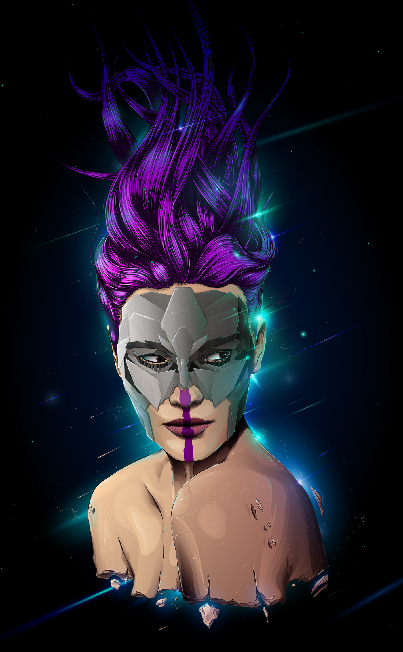 vector Illustrator cosmic woman star lights colorful mask lowpoly Character Space  science Nova