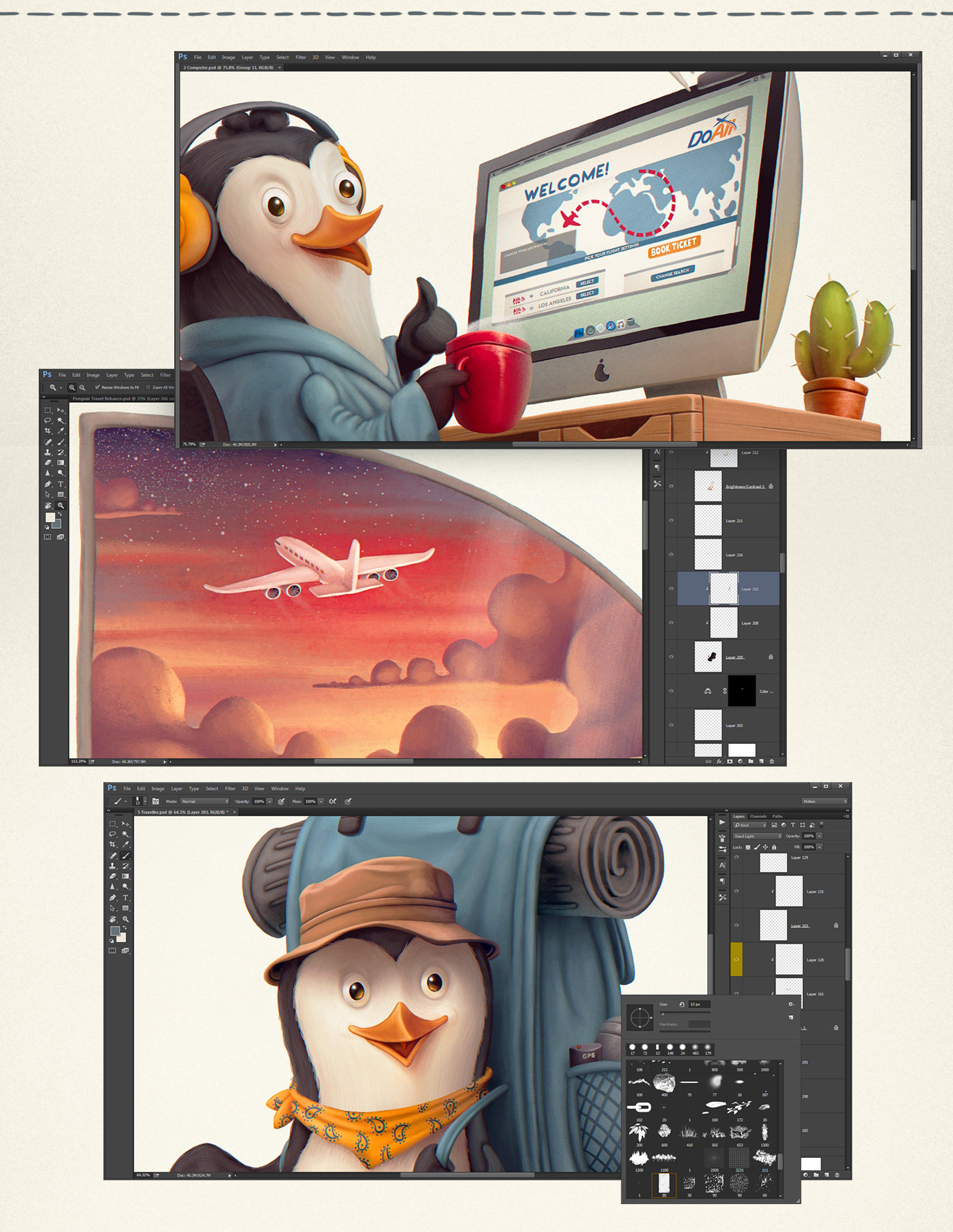 penguin Travel flight plane Mascot cartoon
