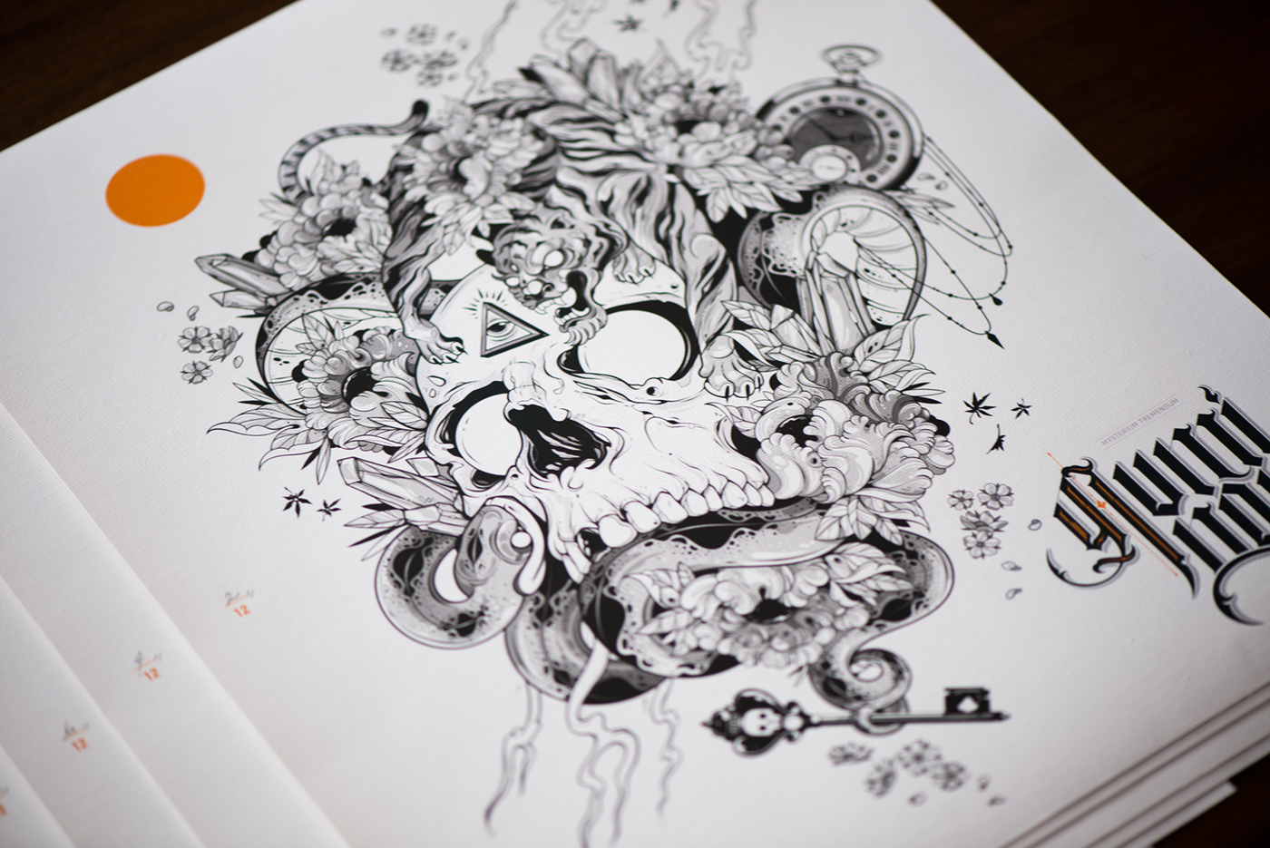 Vector Illustration skull tiger snake peony flowers Skeleton key lettering canvas print tattoo design snowboard design