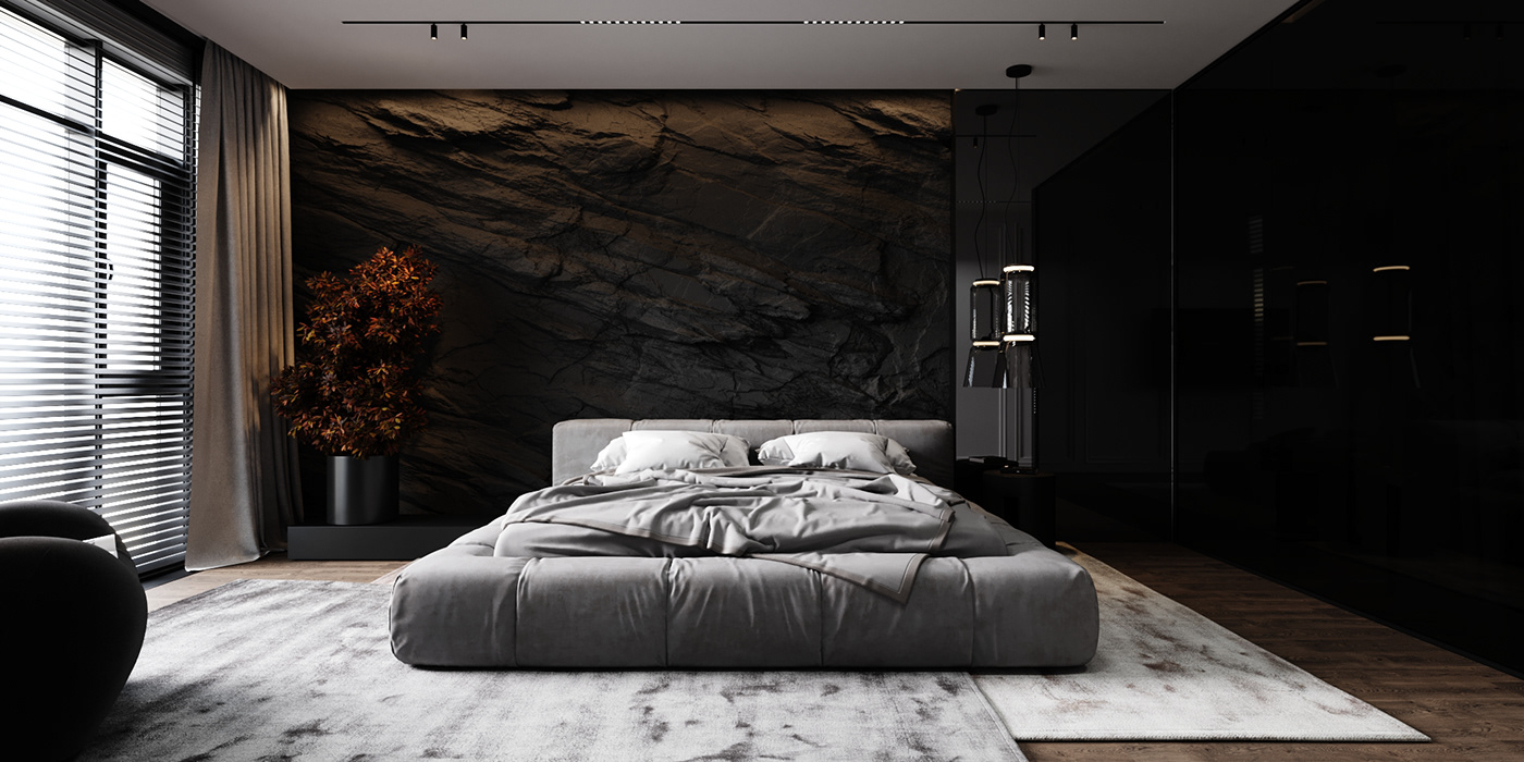 bedroom design black contemporary grey interiordesign Masterbedroom  moderndesign natural stone wardrobe