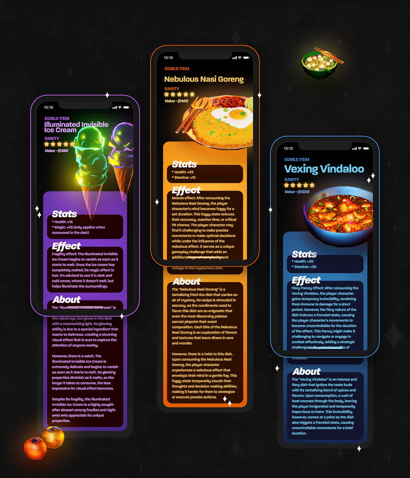 game design  UI/UX user interface Mobile app statistics animation  3D Food  3D illustration prototype