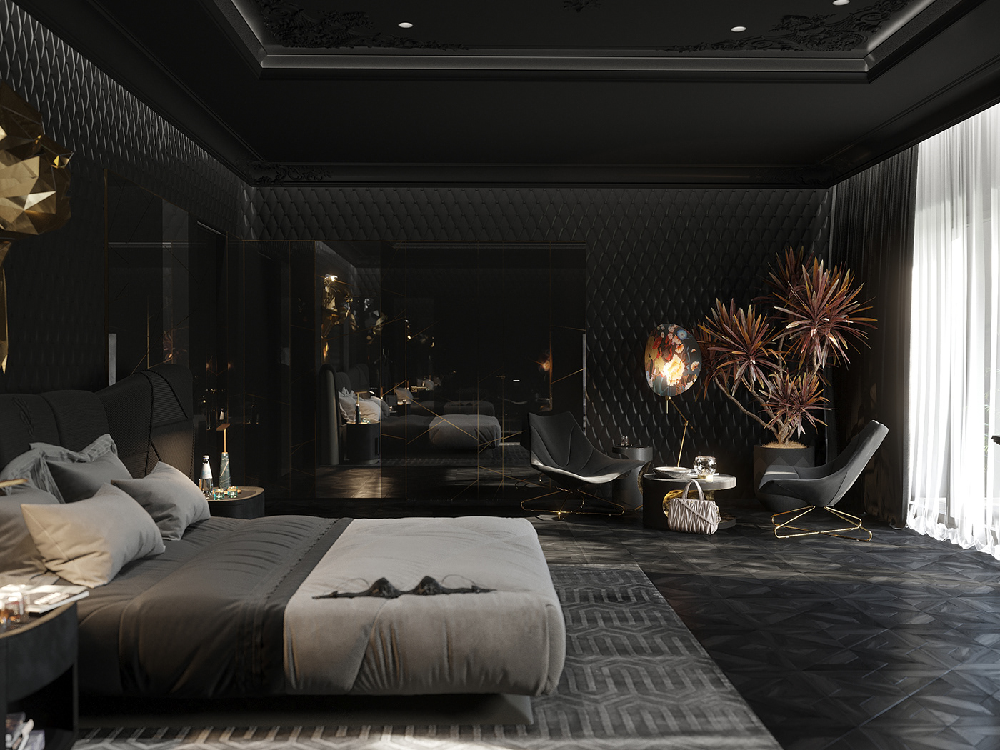Bedroom for a girl black bedroom design gold Interior luxery visualization